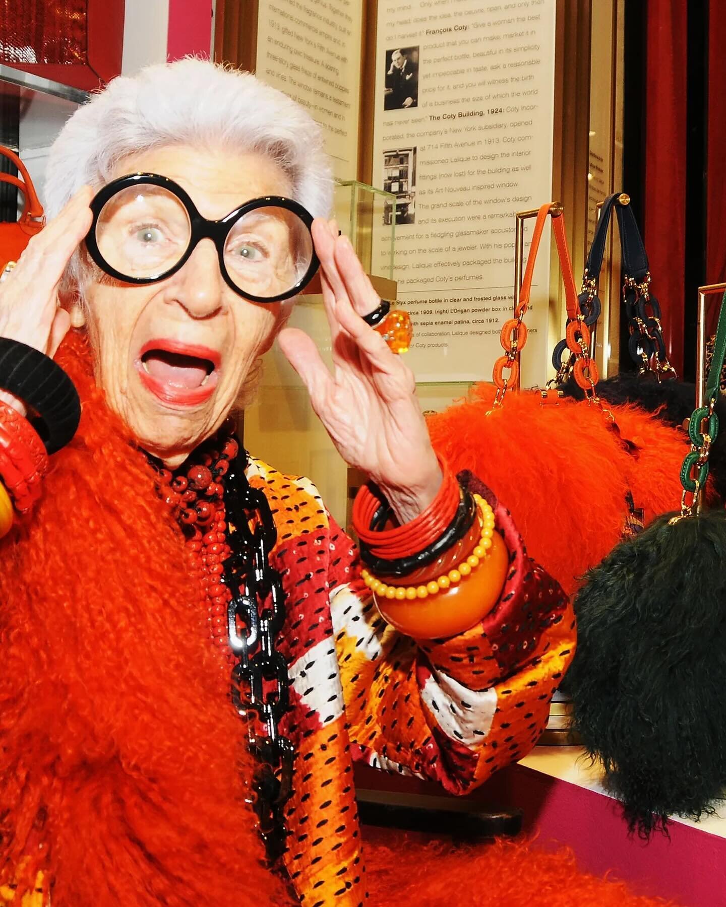 Today we celebrate Iris Apfel. The influential designer passed away on March 1, 2024, at 102. 

Iris studied art here at UW Madison! She ran a textile firm and did many interior design projects, including for 9 presidents in the White House. Several 