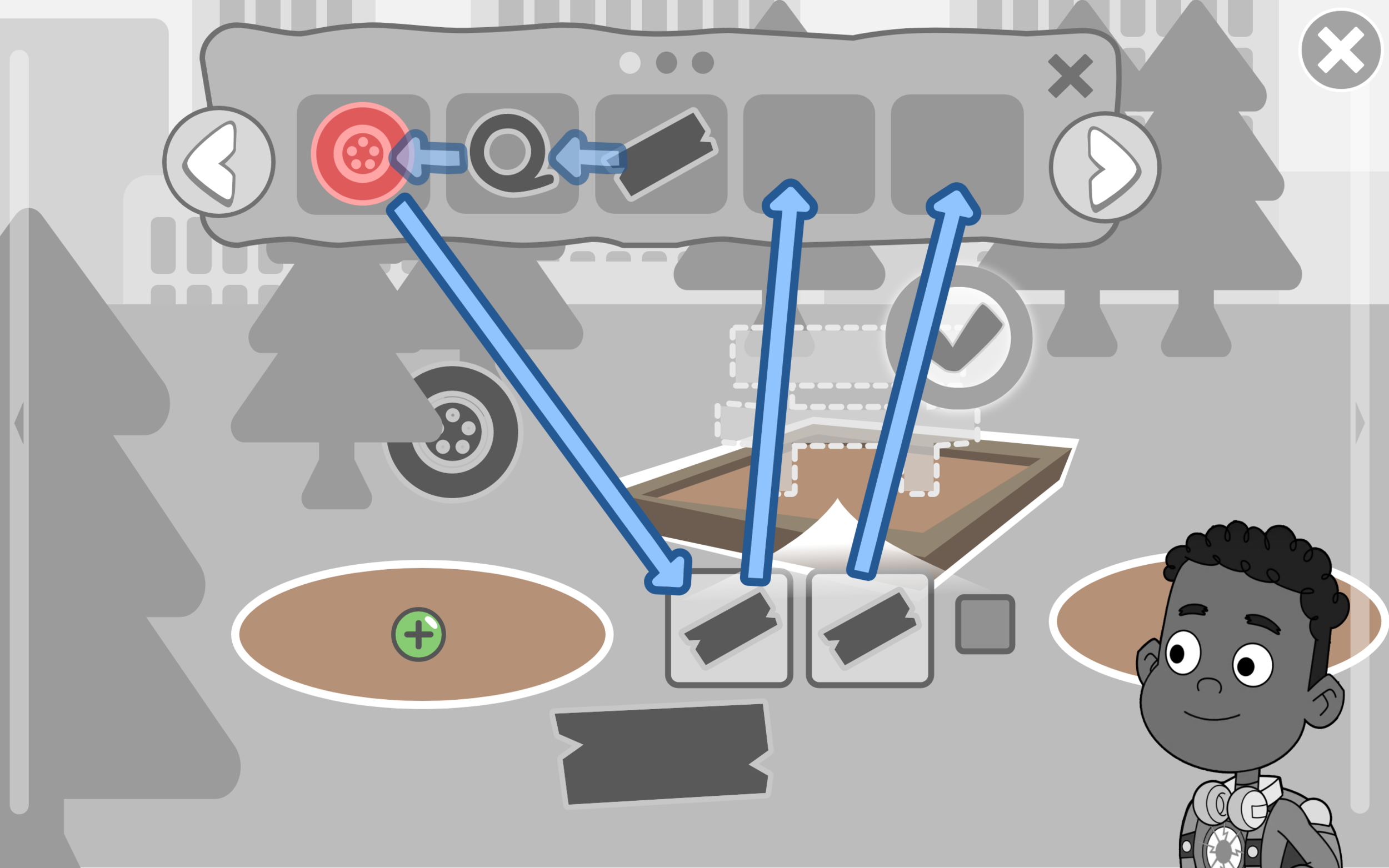 Sketches also included UI animation and behavior. In this case, when the red tire is dragged to the item slot, other inventory items shift one space to the left and both planks return to the inventory rather than the left-most plank simply swapping w