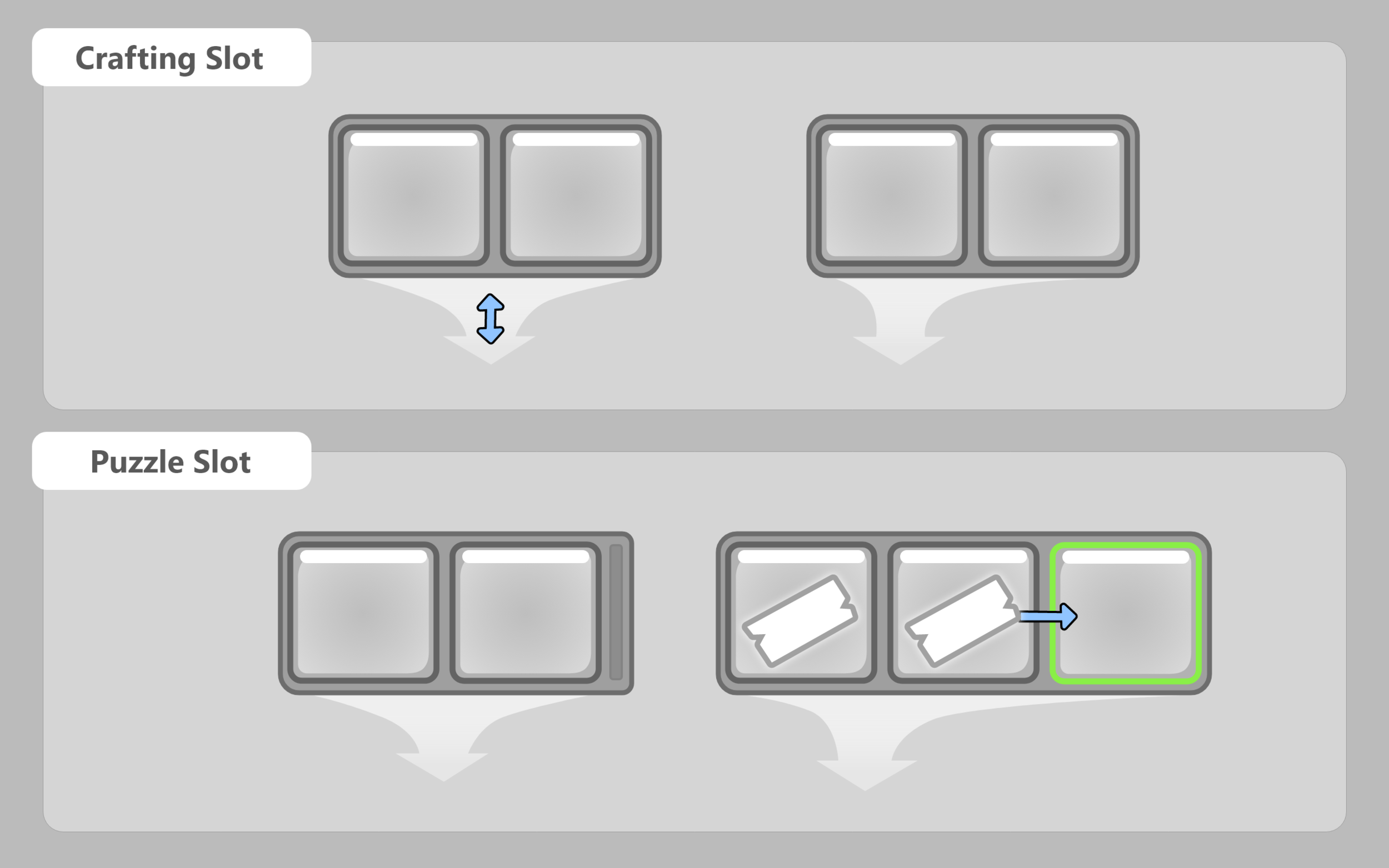 One particularly tough issue was making the slots look like the inserted items will eventually combine together without using a "+" symbol as young players might not be familiar with math equations yet. In this case, we came up with a funnel-like sha