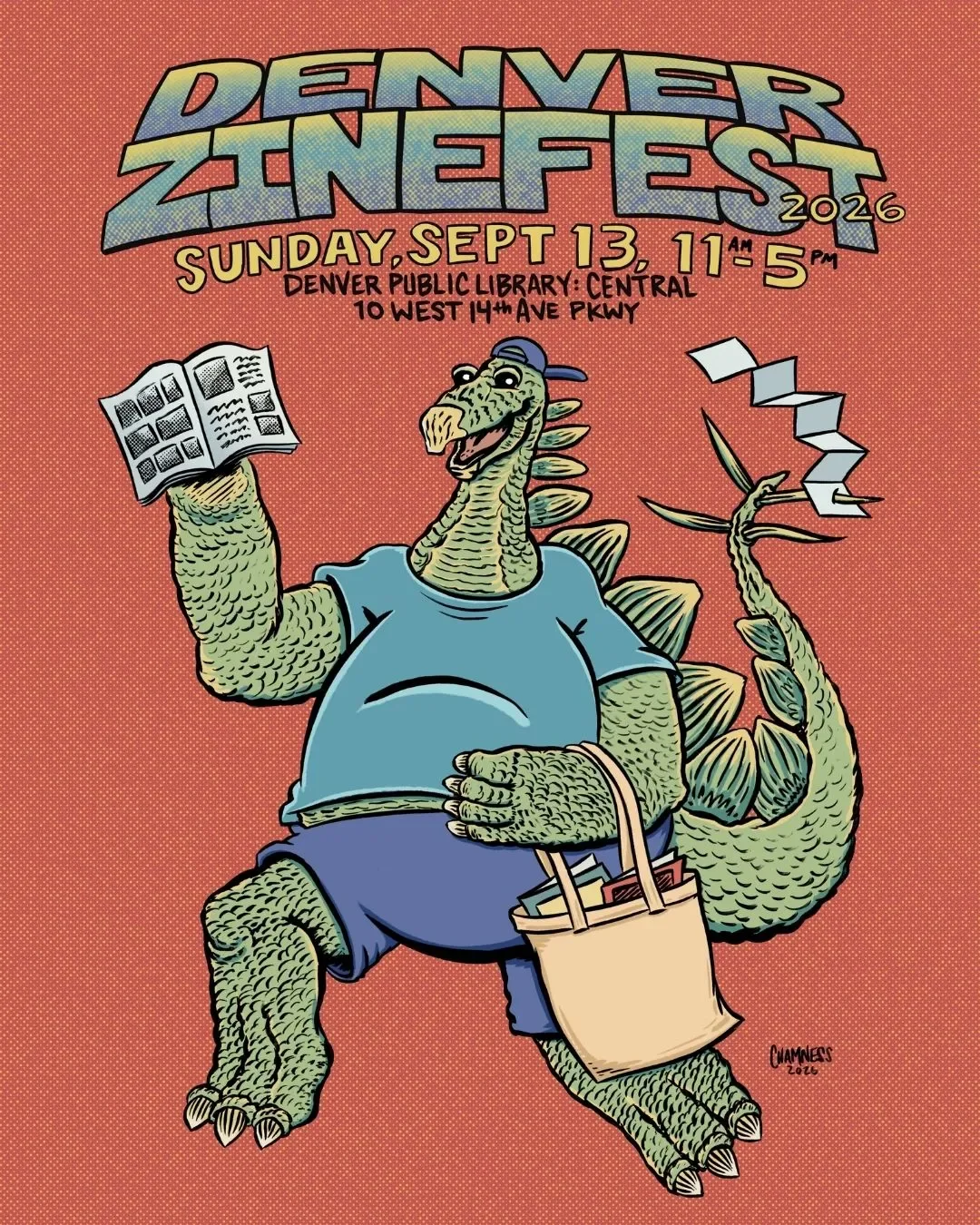 Denver Zine Fest 2026 art by Blake A. Chamness shows a dinosaur in a t-shirt, hat, and shorts holding zines in the air and carrying a bag of zines