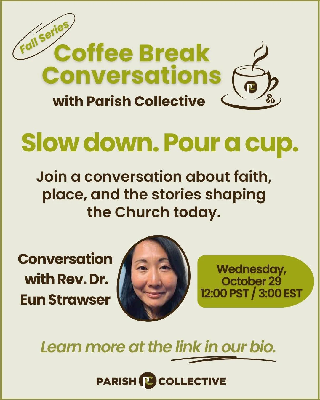 Some of the best conversations happen over a good cup of coffee. Honest, curious, and full of hope.
Come join us for our Coffee Break Conversations and chat with authors, artists, and neighbors who are reimagining what the Church can look like today