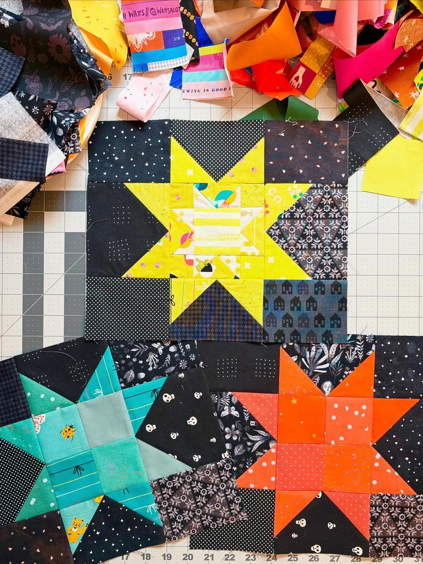 Would it bother you to have one different star in your scrappy Halloween quilt? I abandoned the inner sawtooth star idea, but didn&rsquo;t bother remaking the block. It&rsquo;ll be a little patchwork surprise in the quilt. For the next two stars, I j