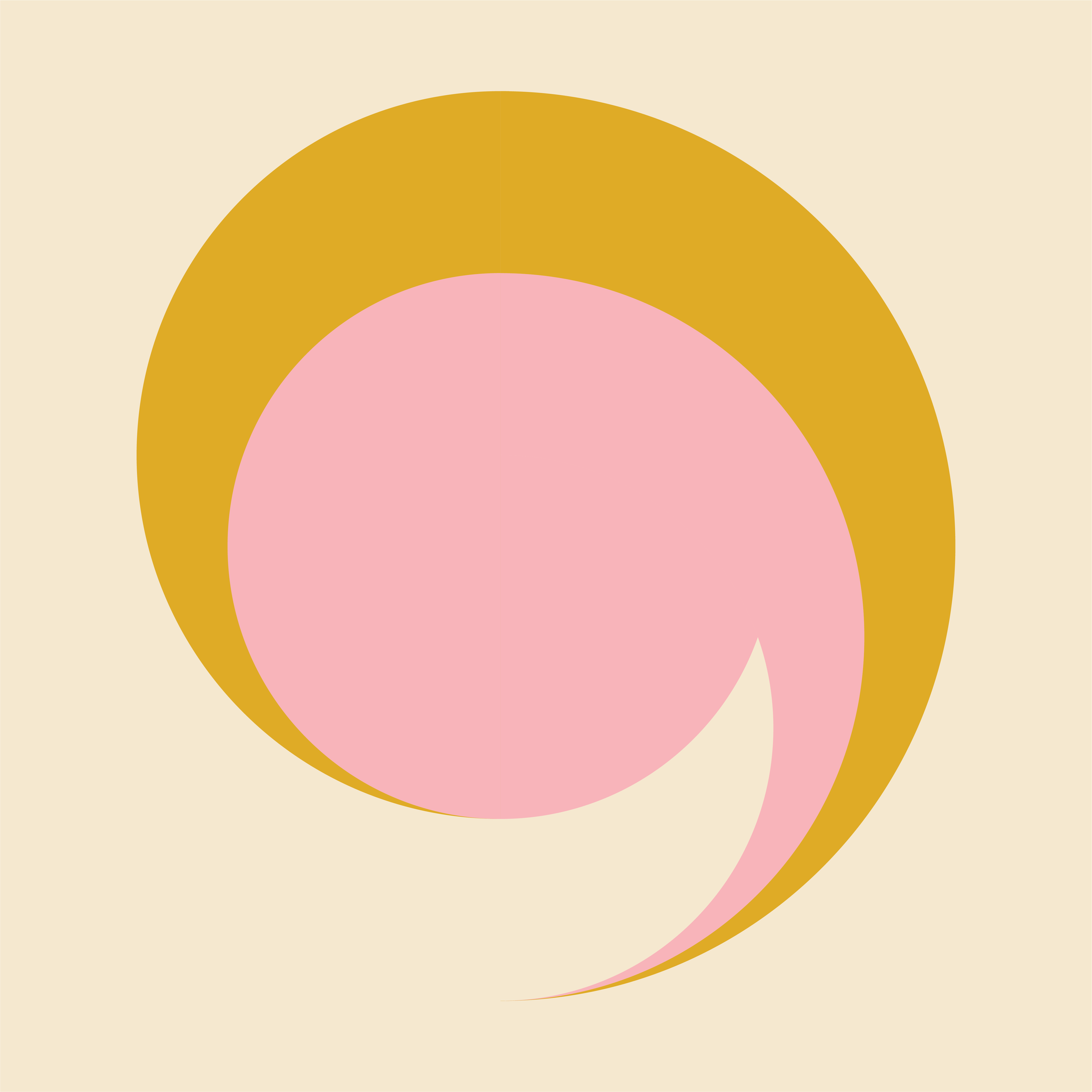 Abstract geometric design with a large pink circle overlapped by a smaller gold circle on a beige background.