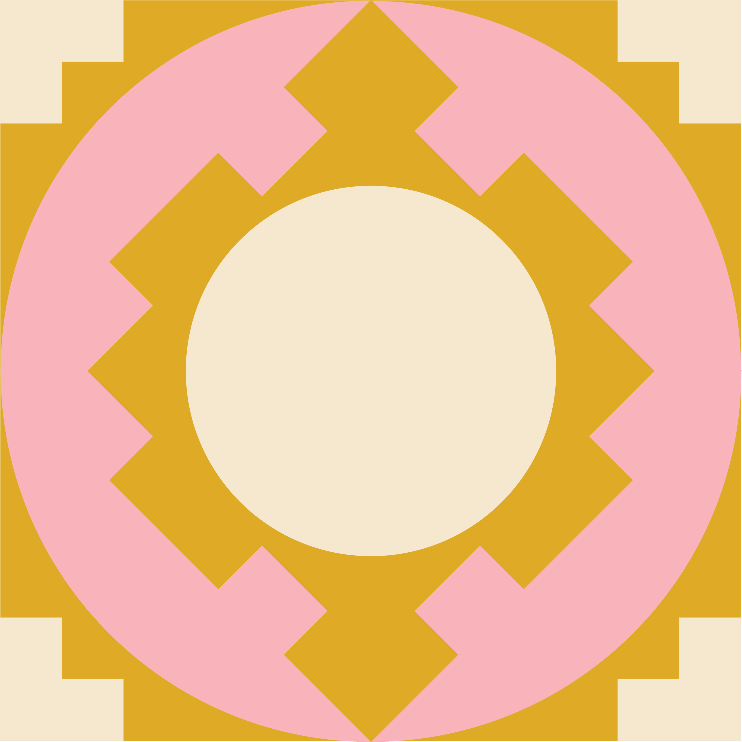A geometric pattern with a large beige circle in the center, surrounded by pink and yellow zigzag and square shapes.