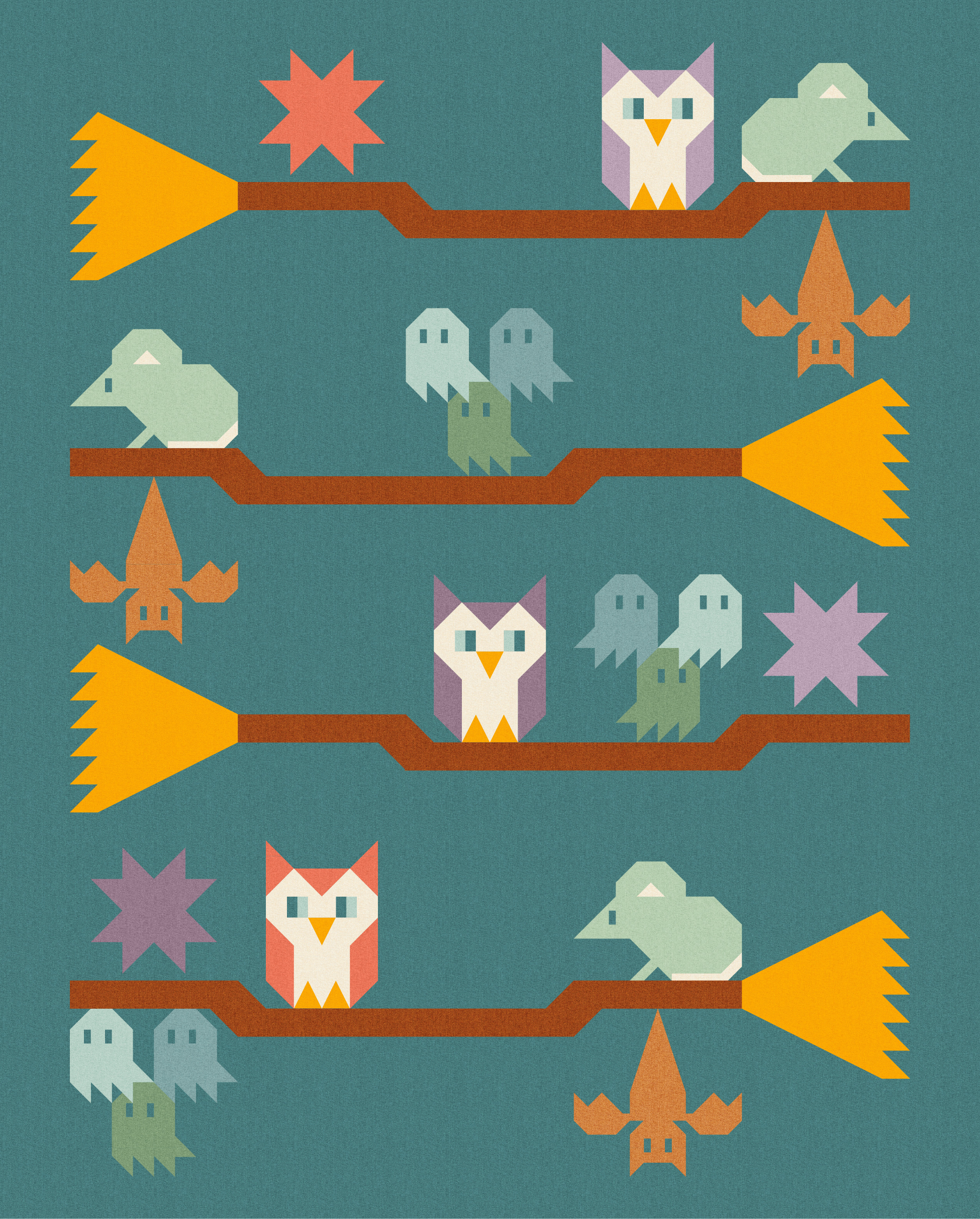 Pattern featuring geometric owls, bats, and stars on stylized tree branches in a rustic, digital art style.