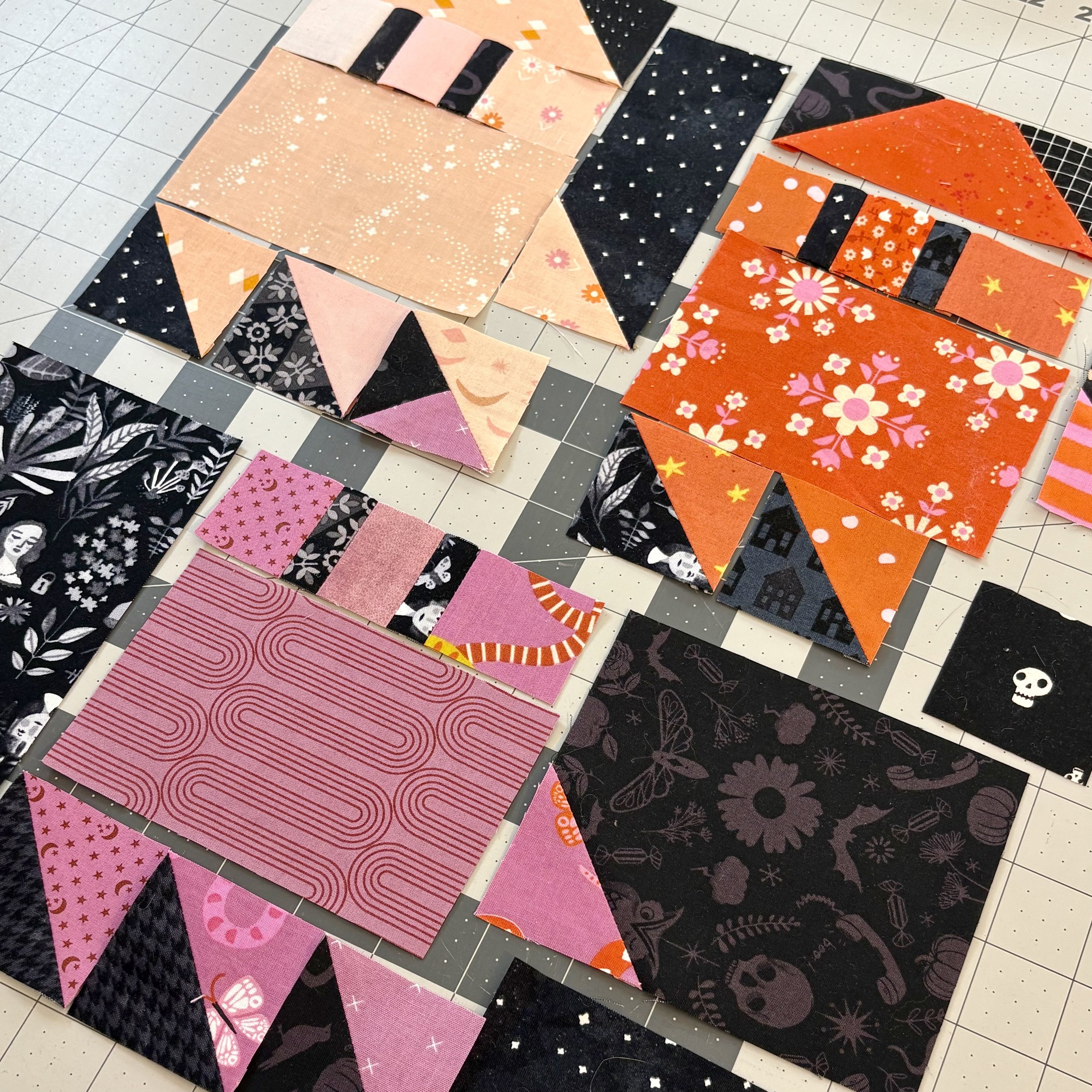Three patchwork ghosts from the Broom Cupboard Quilt