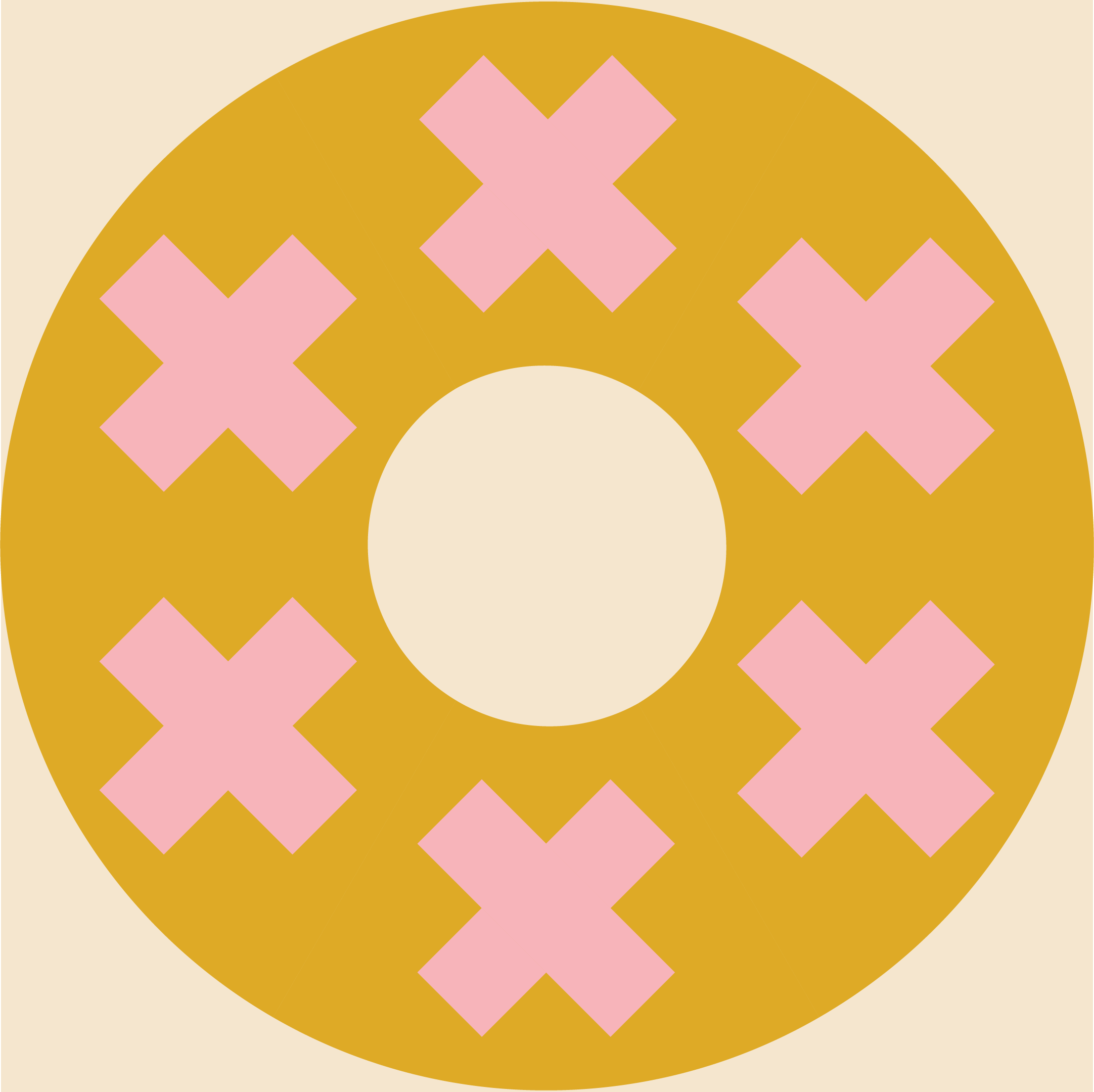 A stylized donut with pink X marks on a mustard yellow glaze, on a beige background.