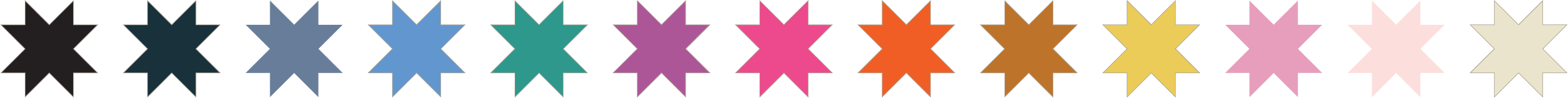 A colorful pattern of twenty stars with different colors, arranged in a single row.