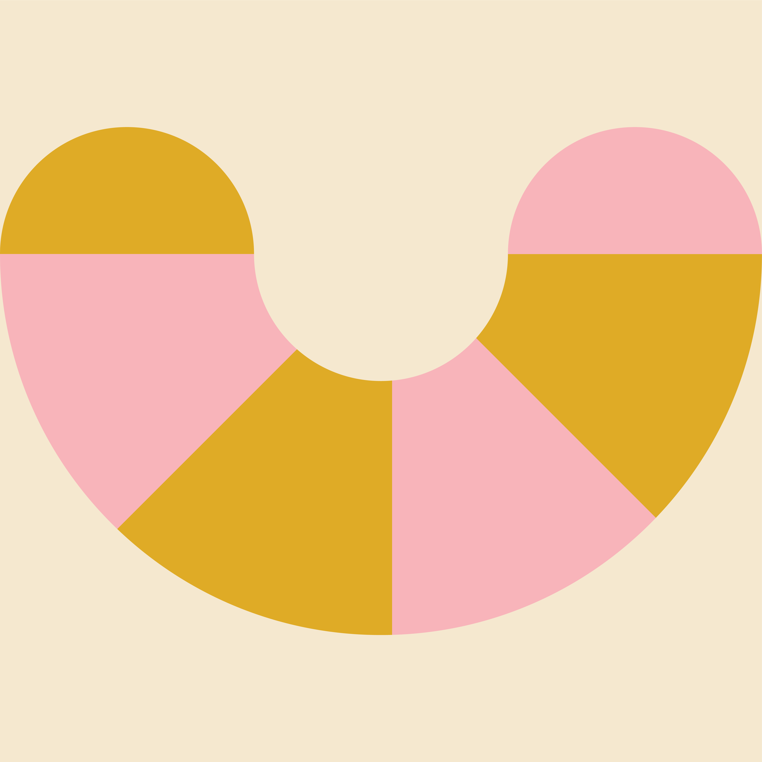 Abstract geometric heart shape with pink, yellow, and beige segments on a light beige background.