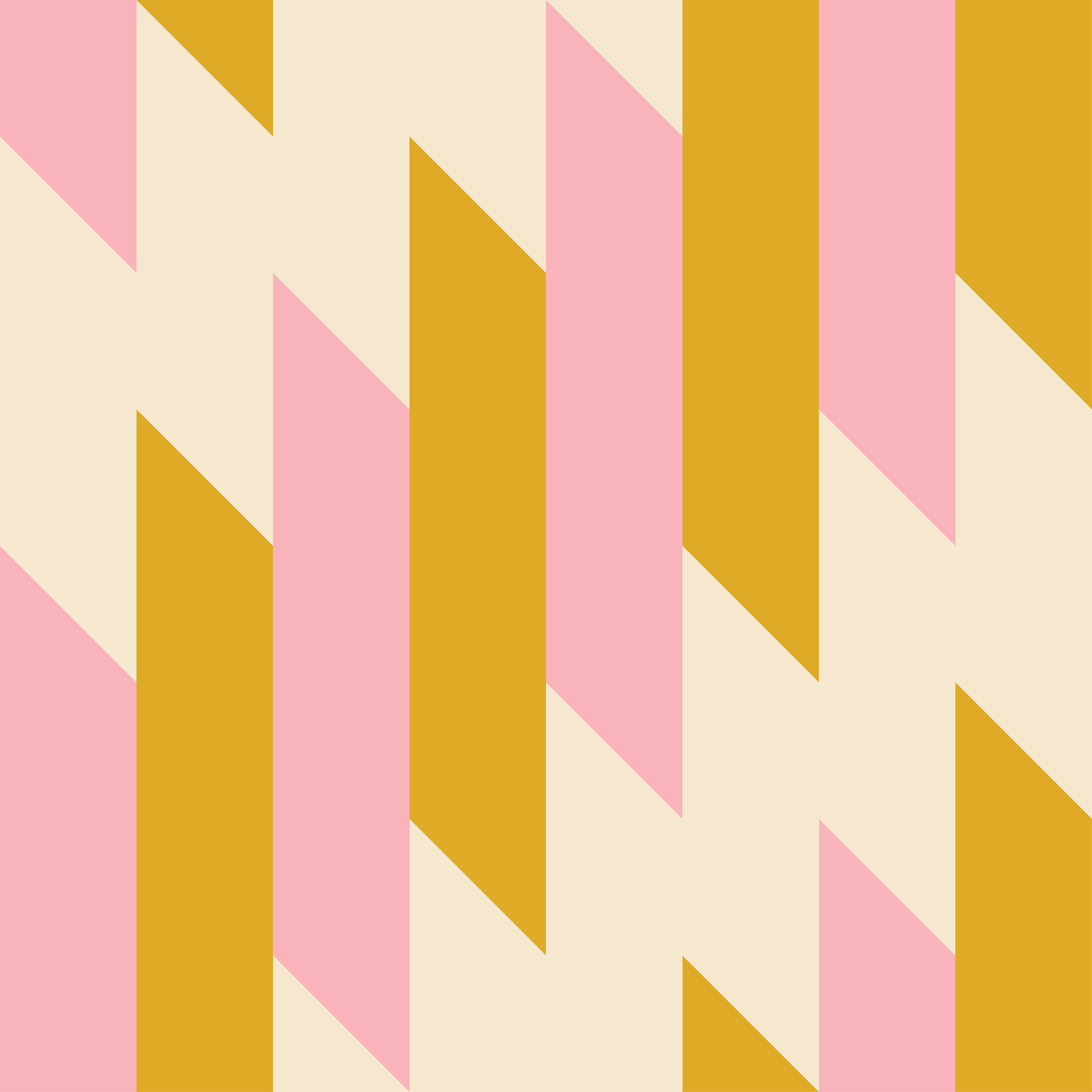 Abstract geometric pattern with alternating pink, beige, and mustard yellow triangles and parallelograms.