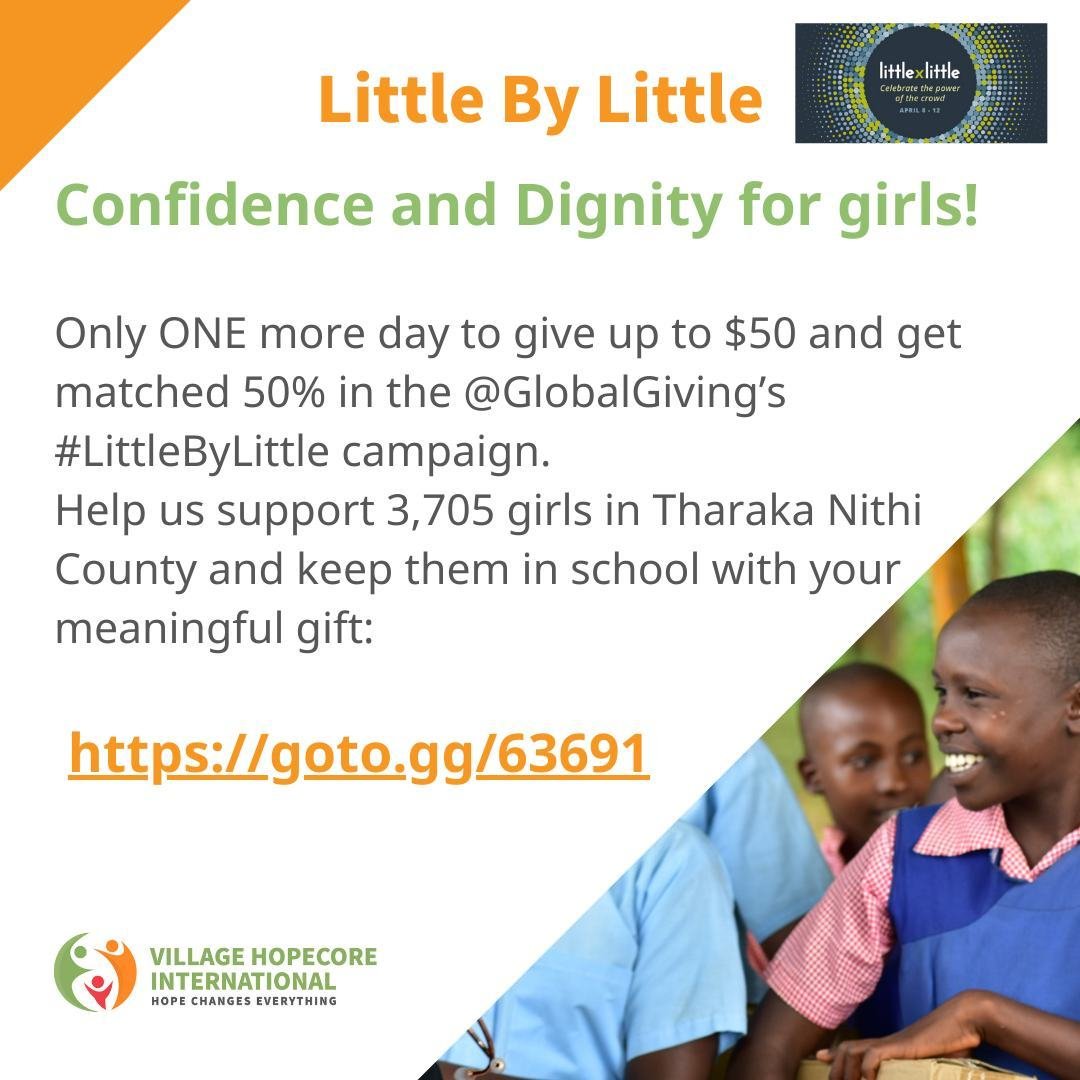 Confidence and Dignity for girls! 📣 ⁠
Only ONE more day to give up to $50 and get matched 50% in the @GlobalGiving&rsquo;s #LittleByLittle campaign. ⁠
⁠
Help us support 3,705 girls in Tharaka Nithi County and keep them in school with your meaningful