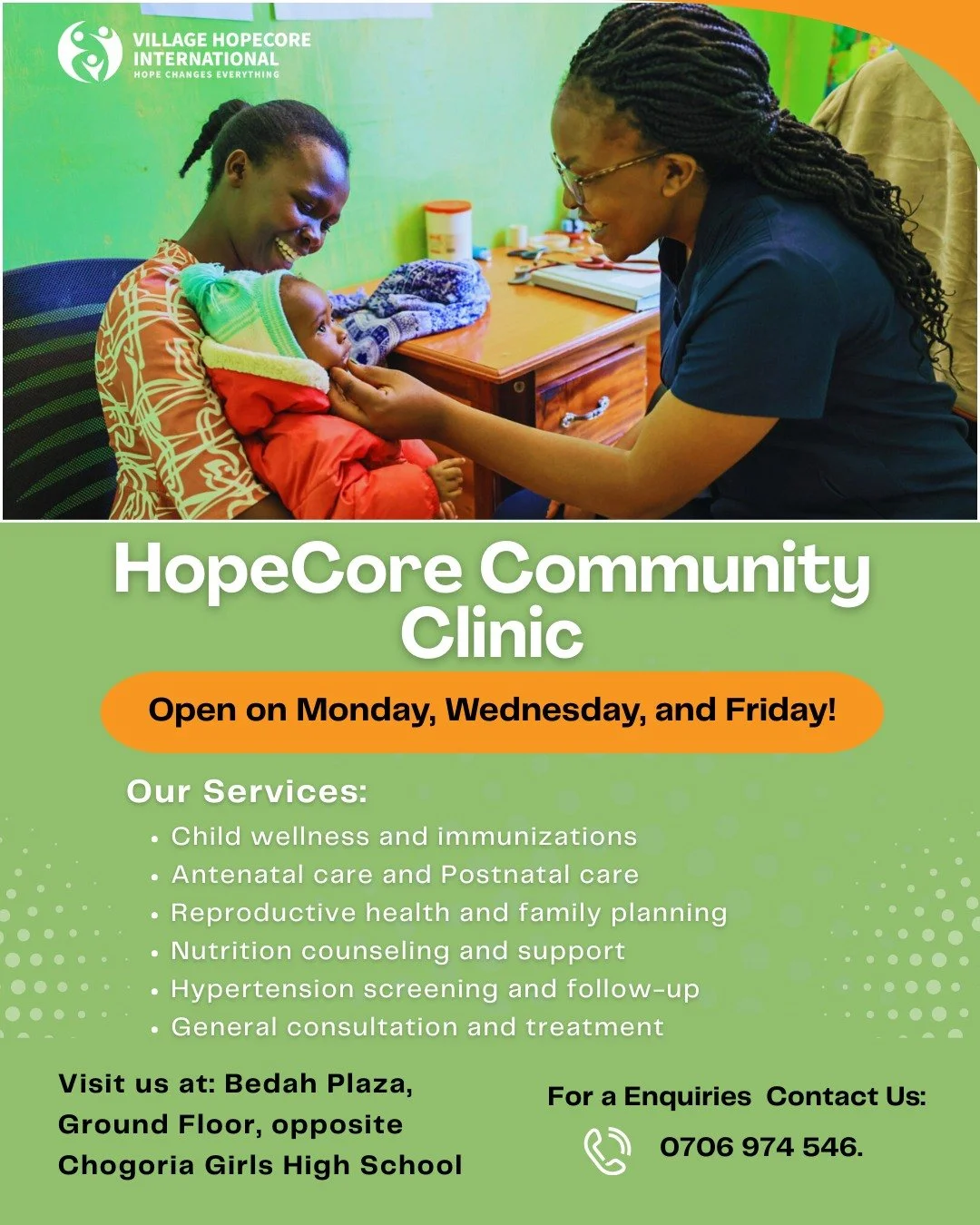 Our community clinic is now open on Mondays, Wednesdays, and Fridays! We&rsquo;re here to support you with: - Child wellness and immunization services - Antenatal and postnatal care - Reproductive health and family planning - Nutrition counseling and