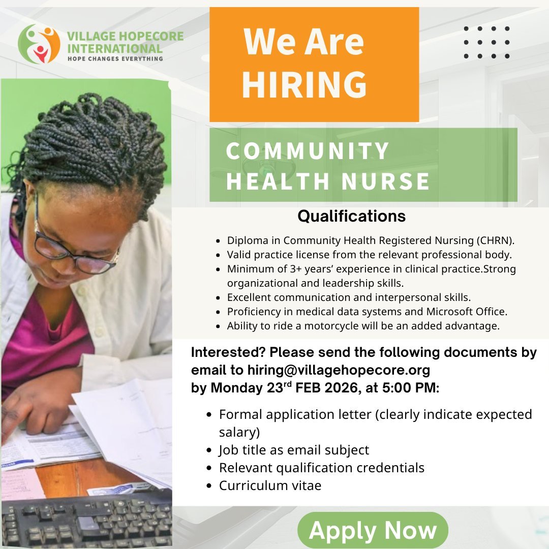 We&rsquo;re Hiring: Community Health Nurse &ndash; HopeCore

Are you passionate about making a difference in community health? Village HopeCore International is looking for a Community Health Nurse to join our Public Health team.

Location: Chogoria,