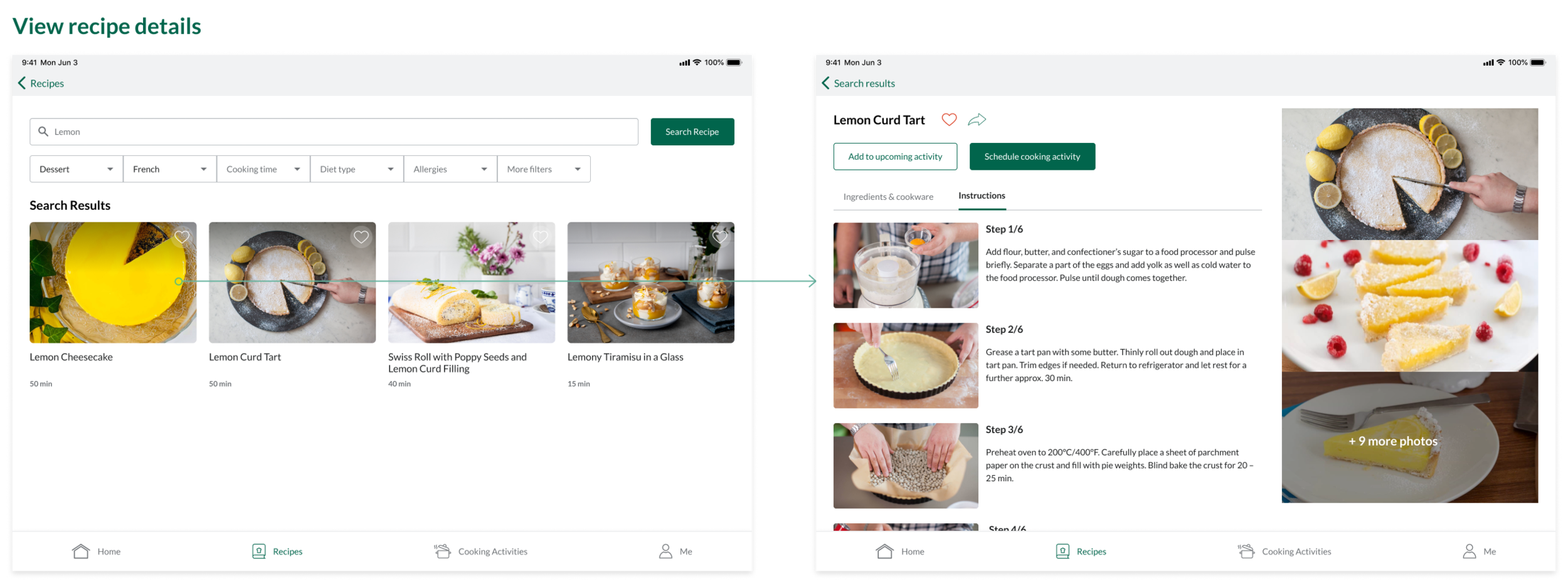 After users find the recipe they are interested in for cooking remotely together, they can review the details including ingredients, cookware, instructions, on the recipe detail page. They are able to save the recipe for later use and share it with others.