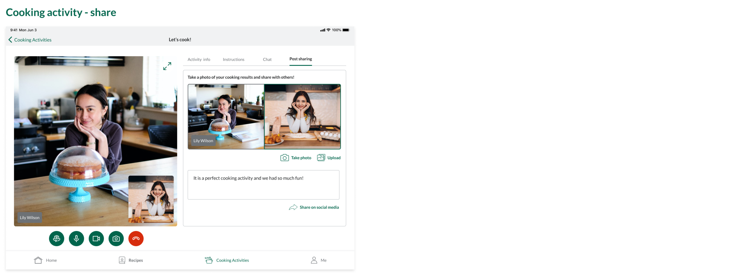 After the cooking is done, users can take a group photo and share a post on social media. It is an experience similar to in-person activity, which makes them feel more connected.