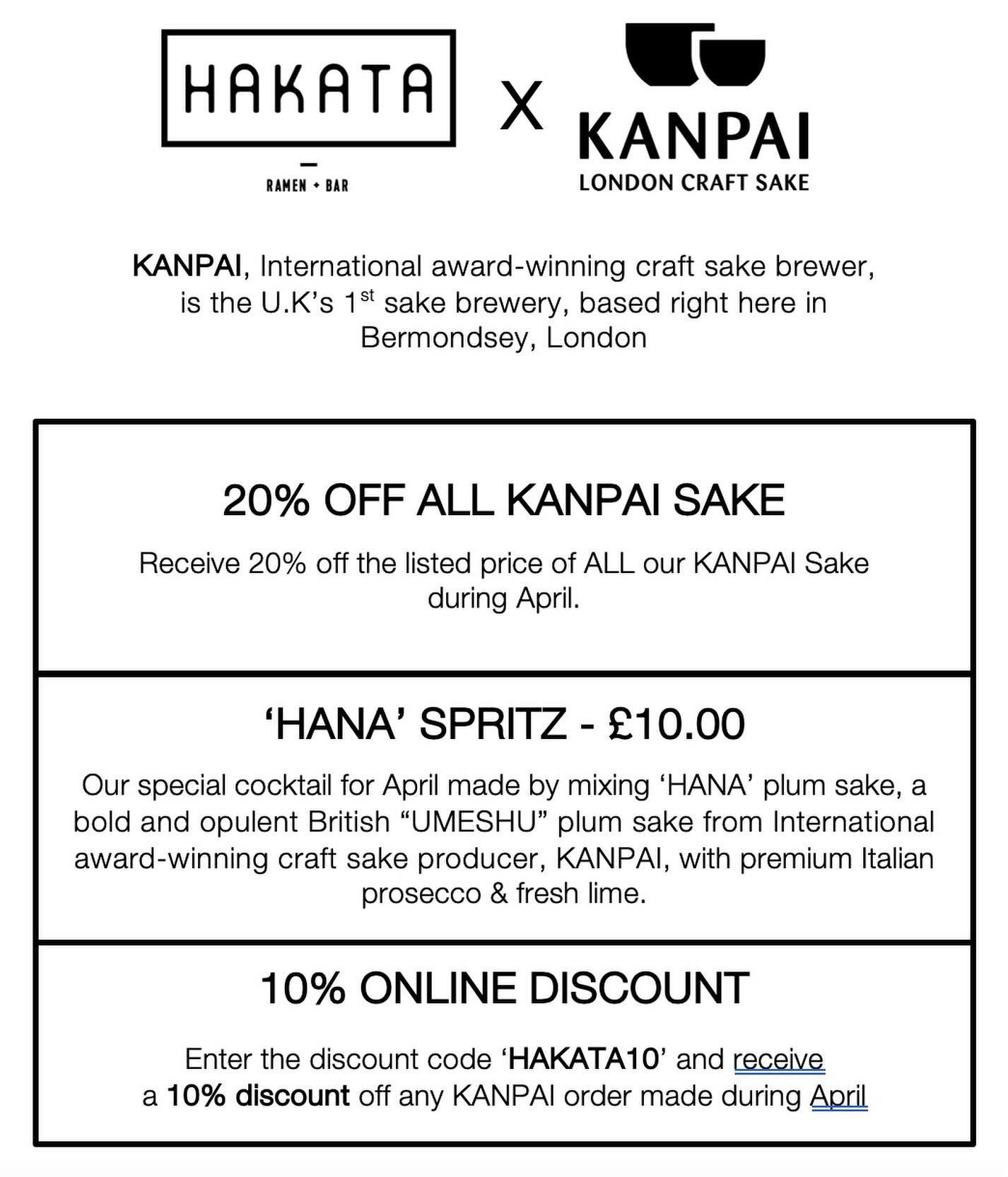 Join the Sake Revolution and get 20% off!

We&rsquo;re offering a 20% Discount Off listed price of ALL our premium award-winning Kanpai Sake during April.

@kanpailondon are the U.K.&rsquo;s 1st sake brewery, based right here in Bermondsey, and have 