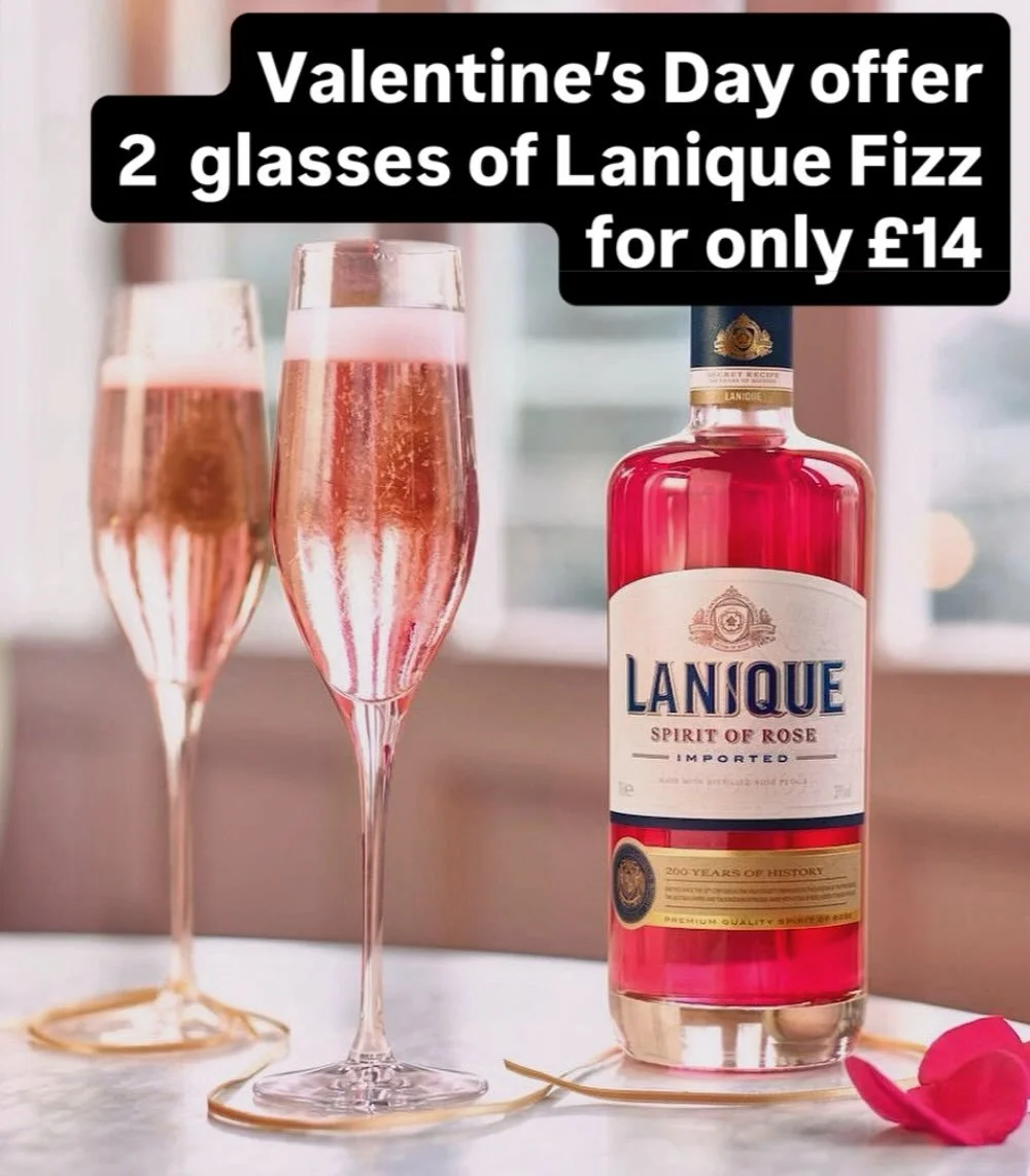 Celebrate Valentine&rsquo;s Day at HAKATA with 2 glasses of Lanique Fizz for only &pound;14.00.

Offer available all day on Valentine&rsquo;s Day!

Lanique Rose Liqueur topped up with Prima Alta Prosecco.

.
.
.
#valetinesday #valentinesdayspecial❤️ 