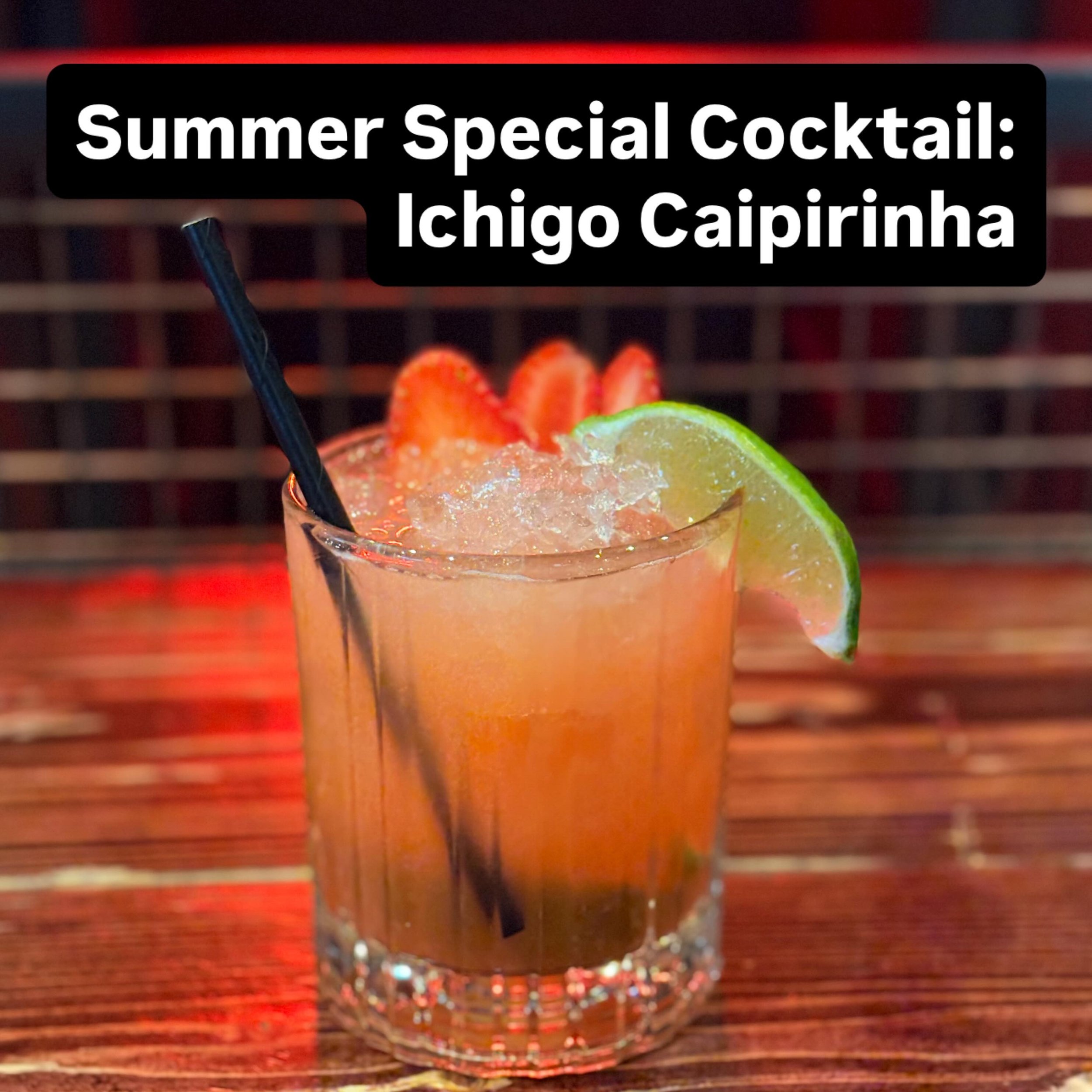 Pure summer vibes created by mixing fresh strawberry syrup and Yuzu sake with premium Cacha&ccedil;a and served over crushed ice and fresh limes.

Our Ichigo Caipirinha, only &pound;10.00. Come try one!

.
.
.
.
#specialcocktail #cocktail #summervibe