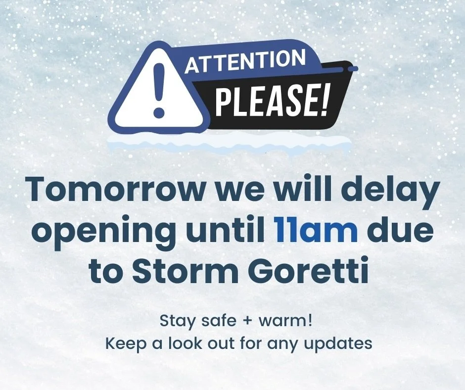 Due to the conditions Storm Goretti is predicted to bring this evening and tomorrow morning, we have decided to delay opening until 11am for the safety of our staff and customers.

Keep an eye out for updates on our page if any updates occur