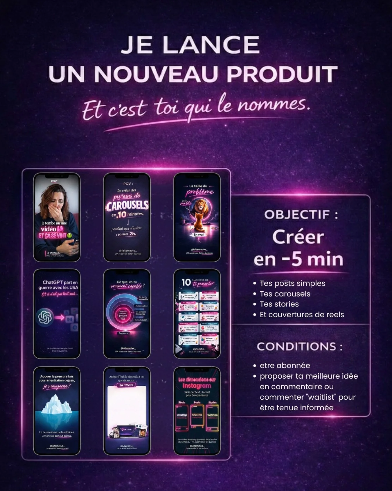 Tu trouves le nom = je te l&rsquo;offre ?

Sans vouloir me vanter, mon prochain produit pourrait bien r&eacute;volutionner ta cr&eacute;ation de contenu !

Adieu les heures pass&eacute;es sur Canva.
Adieu les templates qui ne te ressemblent pas.
Adie