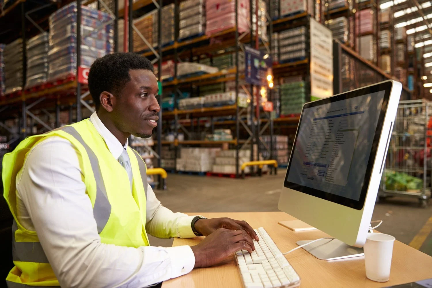 A man in a high-visibility safety vest working on a computer in an industrial setting or warehouse.