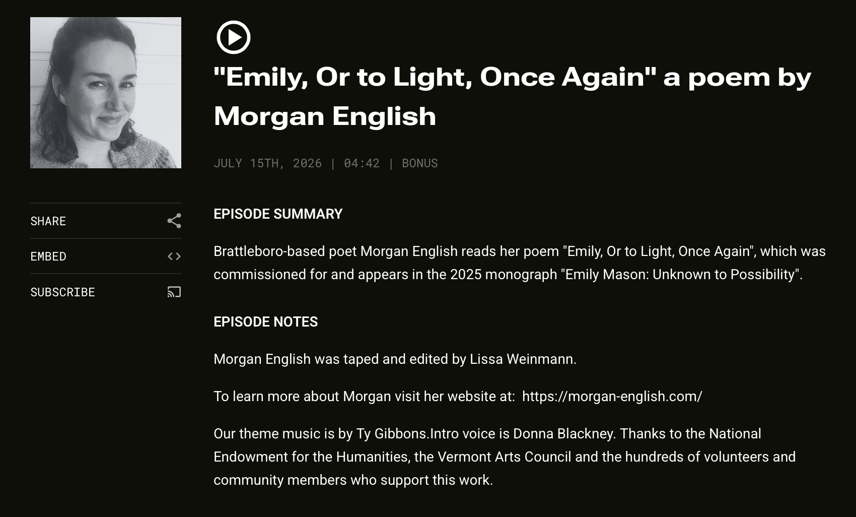 “Emily, Or to Light Once Again,” a poem by Morgan English