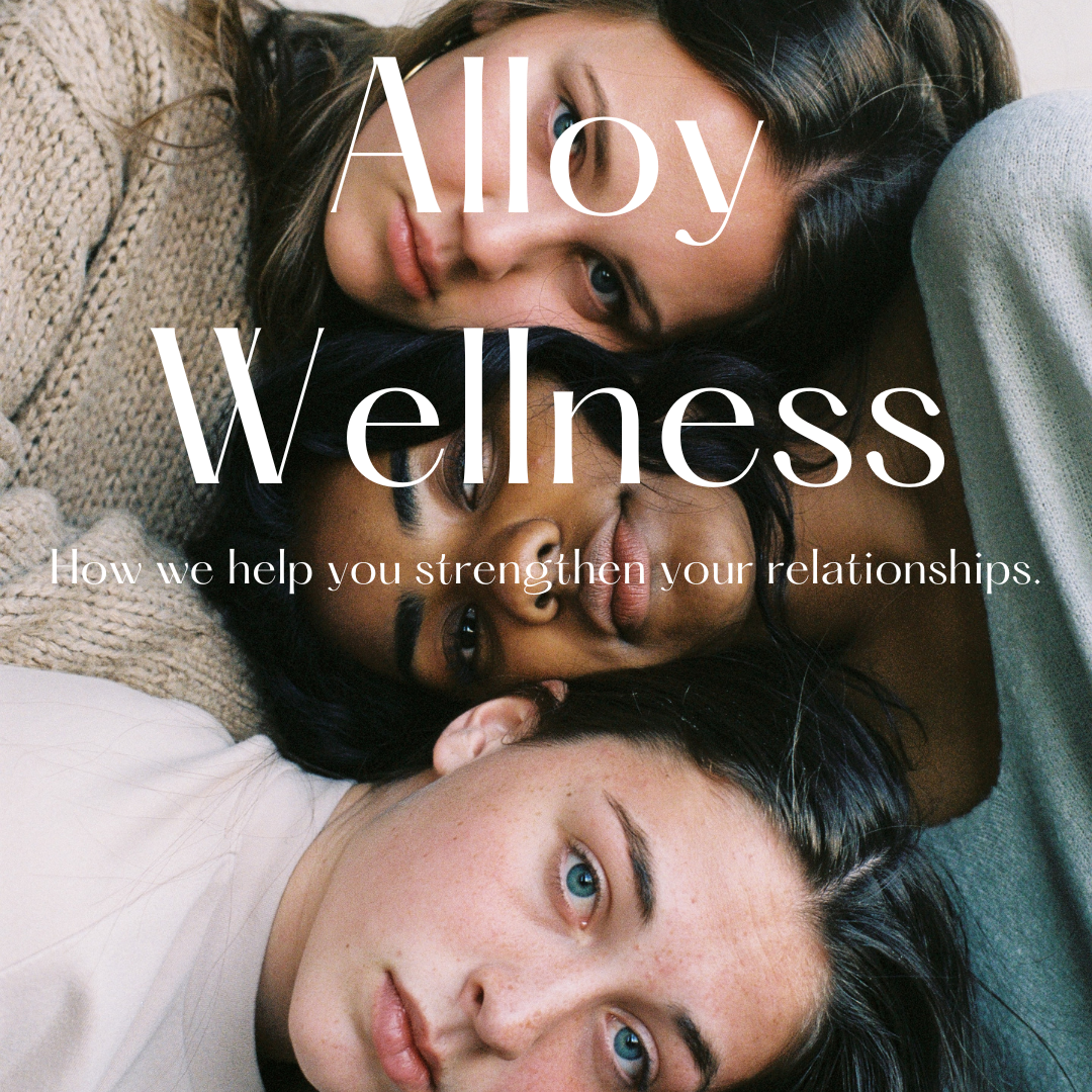 Three women lying close together, looking at the camera, with the words 'Alloy Wellness' overlaid.