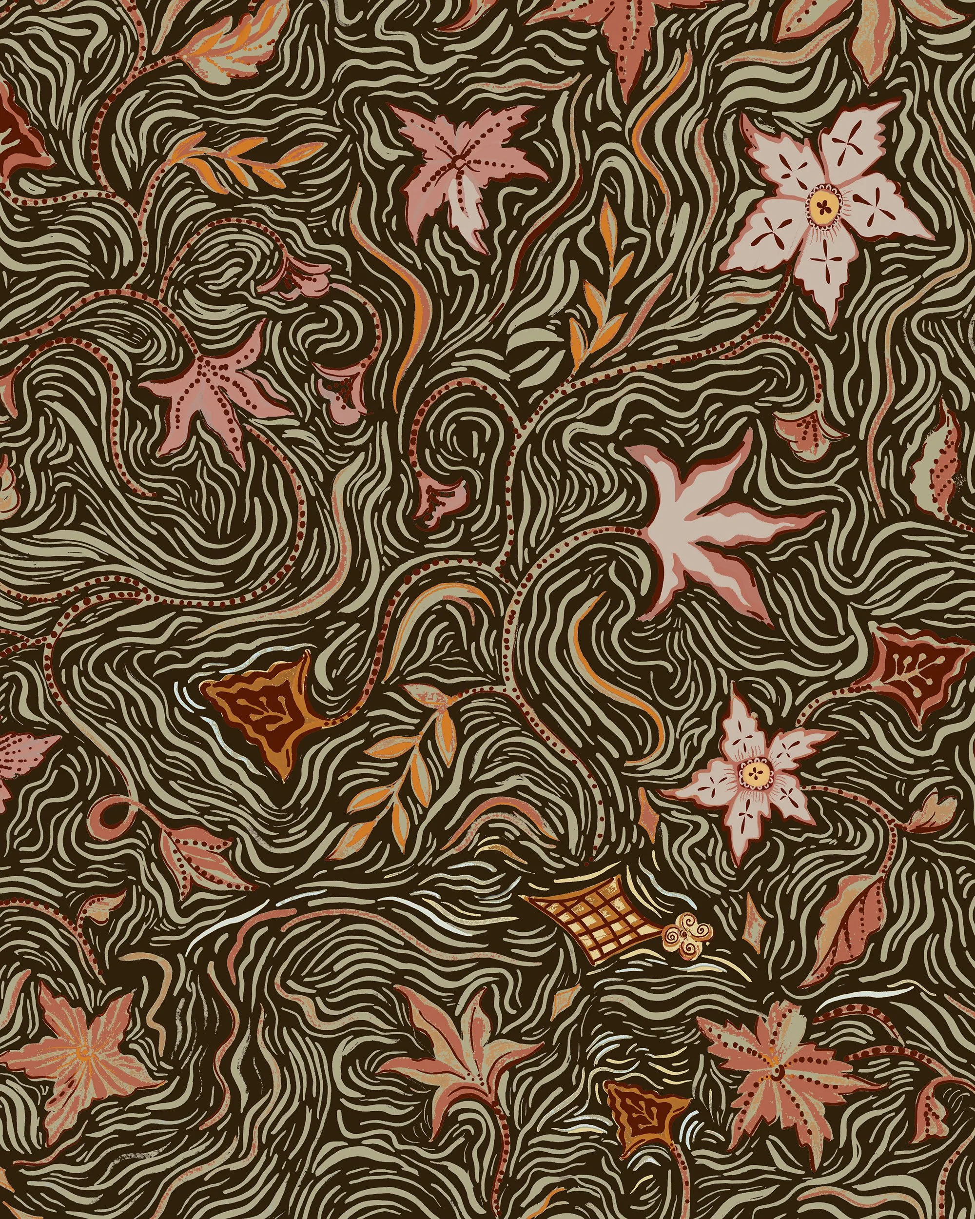 A detailed pattern with swirling black lines and pinkish-red floral elements, resembling an intricate fabric design.