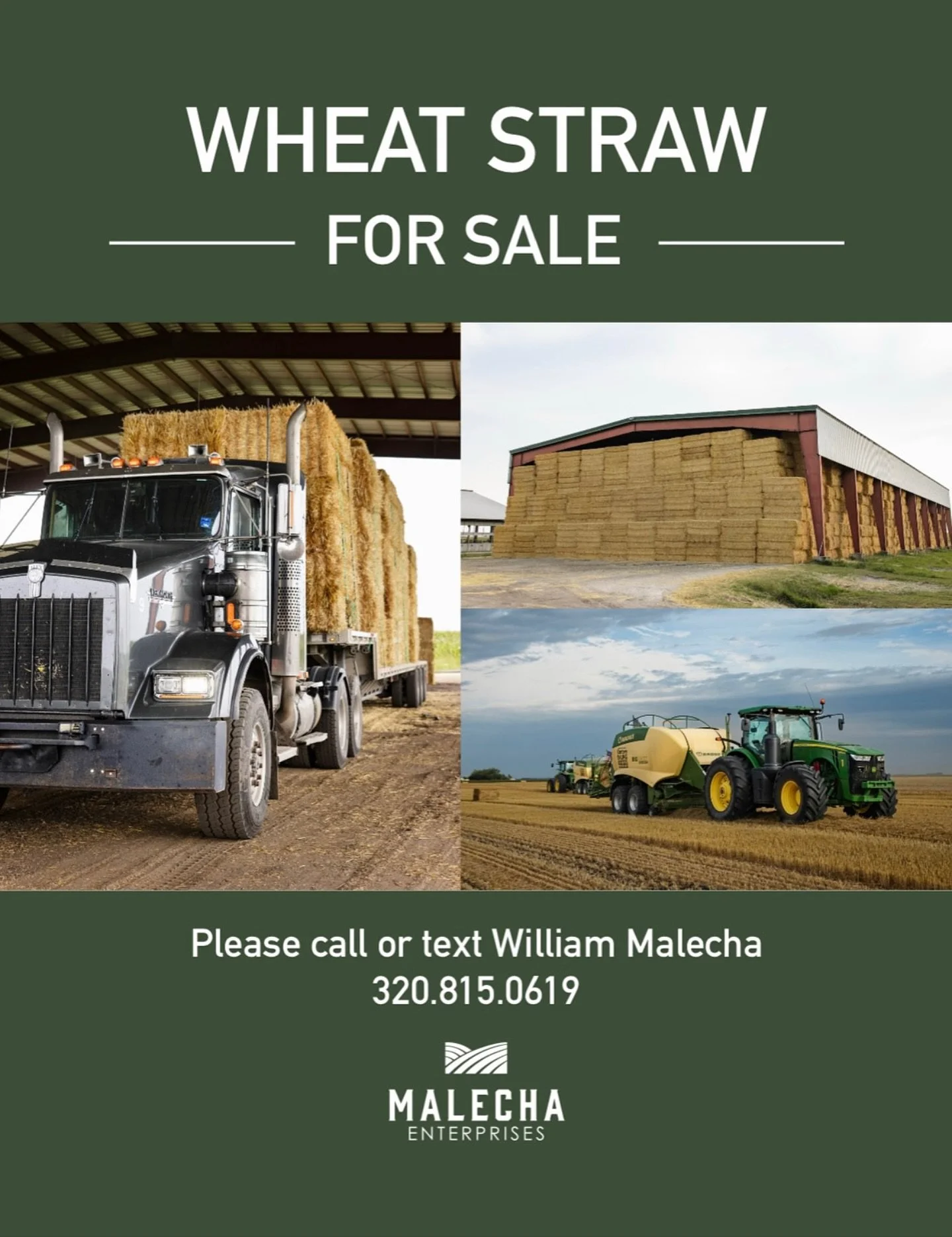 Wheat Straw For Sale:
📍 Stored under cover in Villard, MN
📦 3x4x8 feed-grade bales
🚚 Pickup or delivery available to MN, WI, IA, ND &amp; SD
Clean, covered, and ready when you are.
📲 Call or text William Malecha at 320-815-0619

Learn more:
https