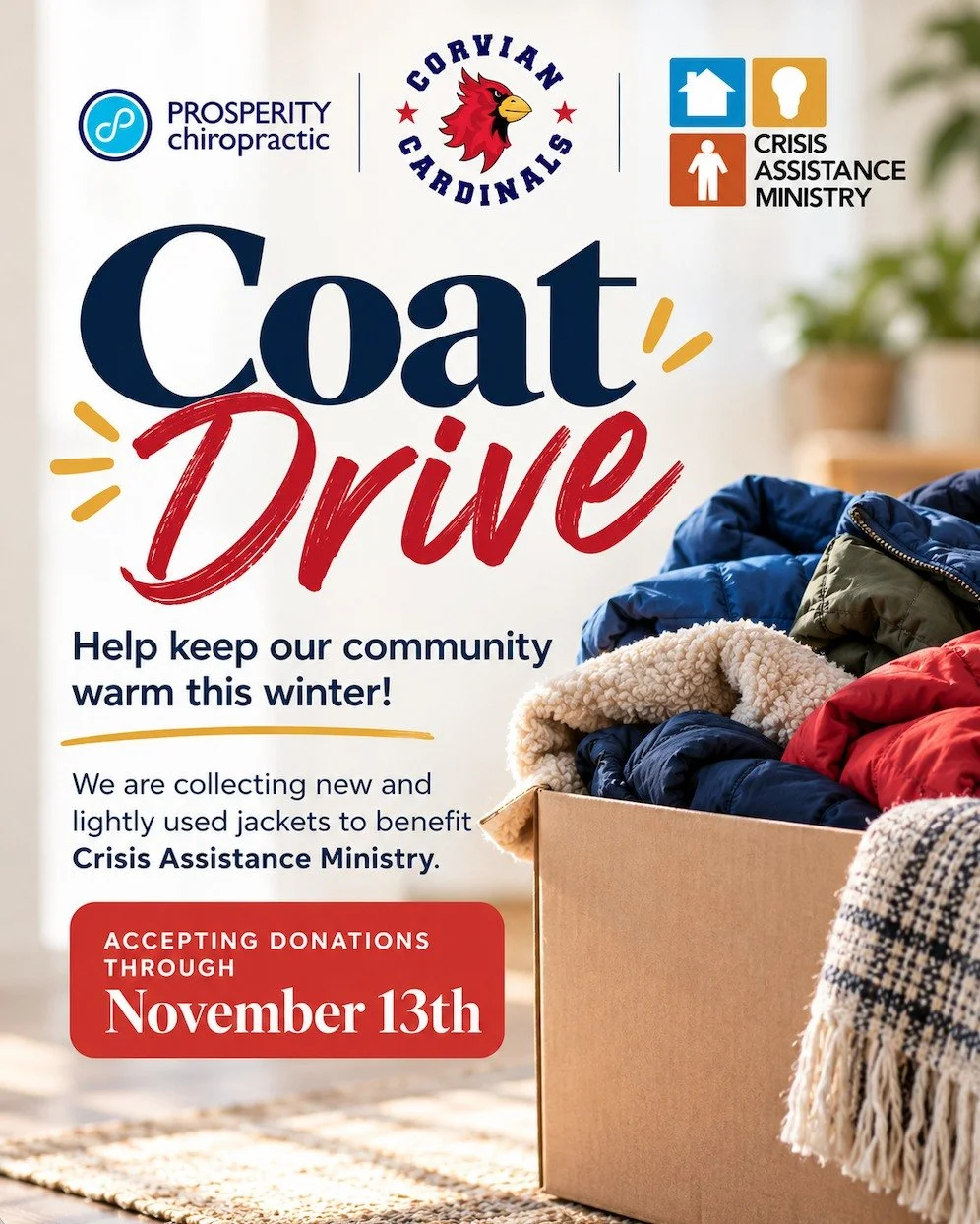 Help keep our community warm this winter! We are teaming up with @corviancommunityschool  to collect new and lightly used jackets for @crisisassistmin. Drop off your donations at our office now through November 13th and help us make a difference 💙