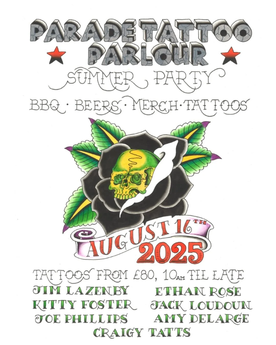 we&rsquo;re throwing another party this summer! we weren&rsquo;t able to celebrate the shop&rsquo;s 4th birthday as we were tattooing at a convention, so this&rsquo;ll make up for it. 
skulls/roses flash day + special guest @craigytatts 
there will b