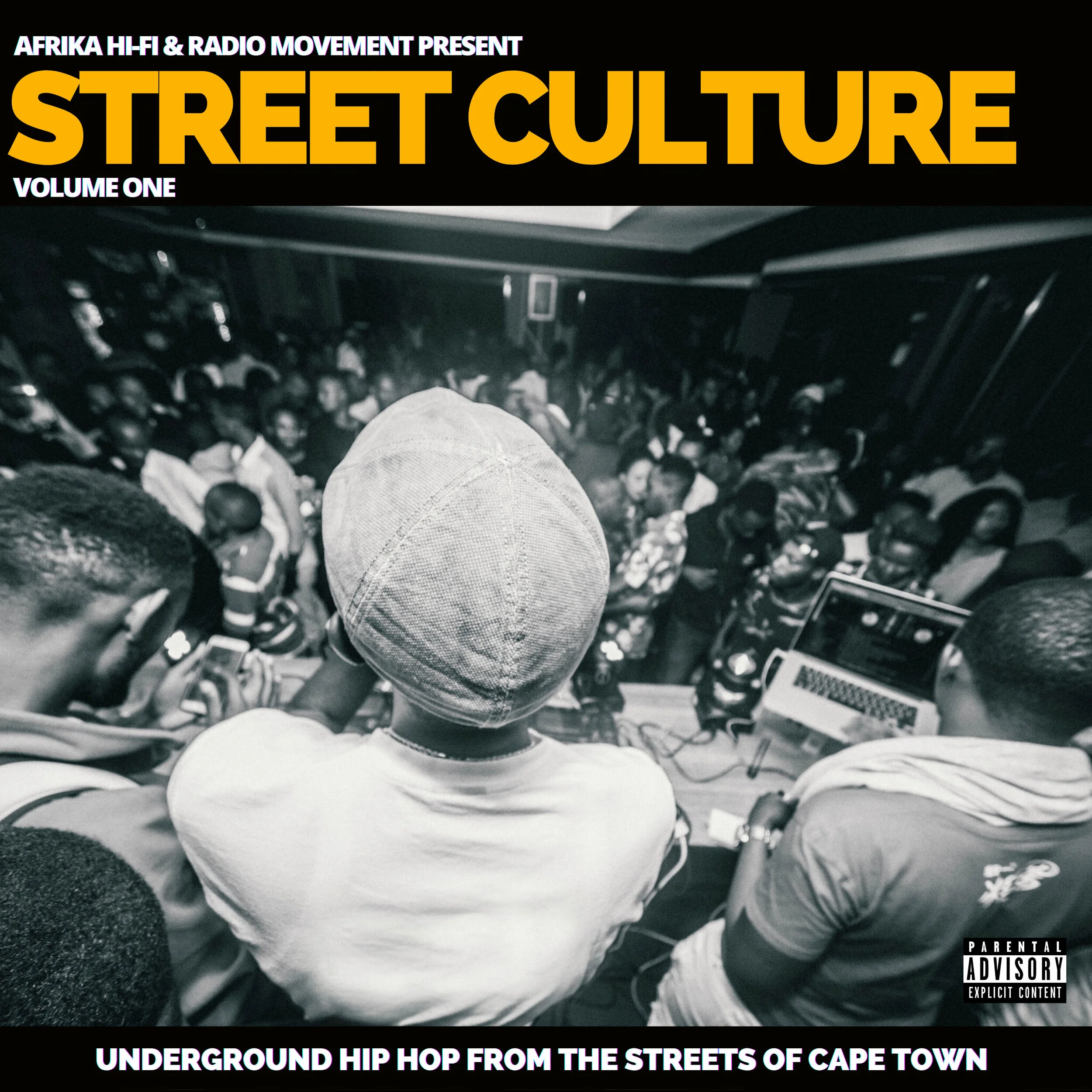 Album cover titled 'Street Culture Volume One' presented by Afrika Hi-Fi & Radio Movement, showcasing an aerial view of a crowded street with people and vehicles, with a focus on a person's head wearing a cap in the foreground.