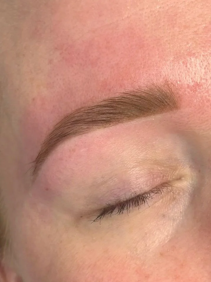 Close-up of a person's closed eye and well-groomed eyebrow.