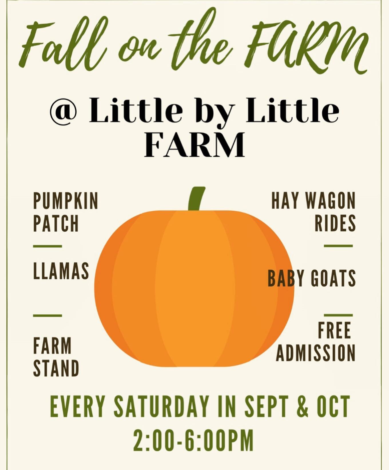 Fall Farm Fiesta 🎃 🍂
Beginning this Sat Sept. 26
Come join us for pumpkin patch, hay wagon rides, baby goats, llamas and much more!