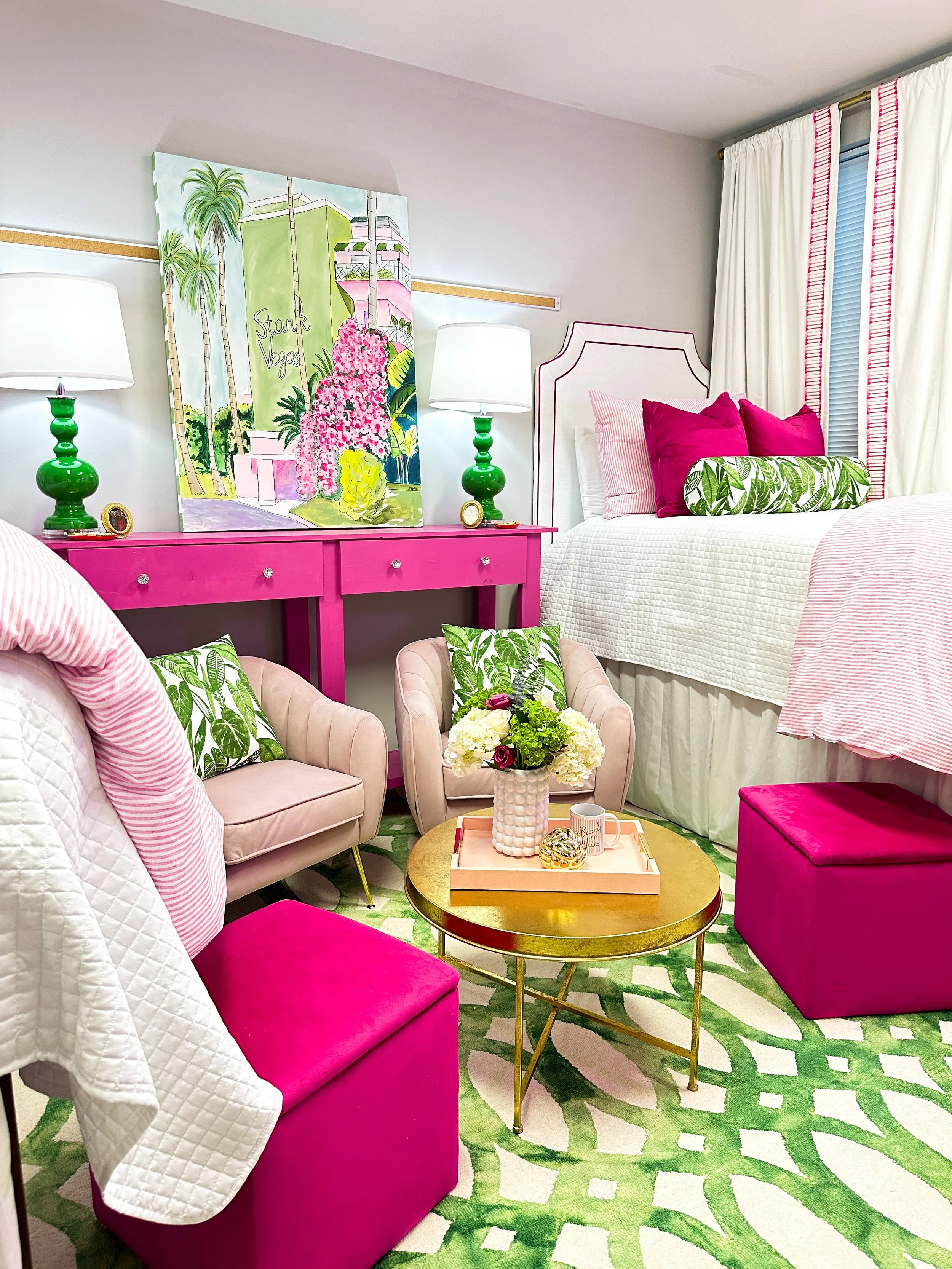 Pink and green dorm room decor with tropical palm design