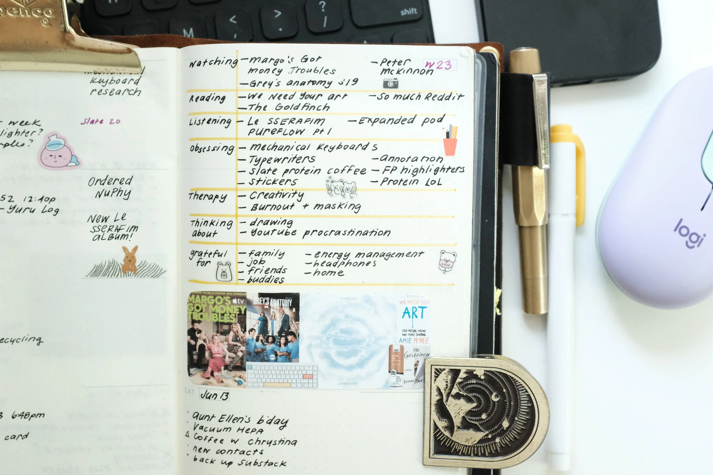 Close-up of Traveler’s Notebook planner with now dashboard