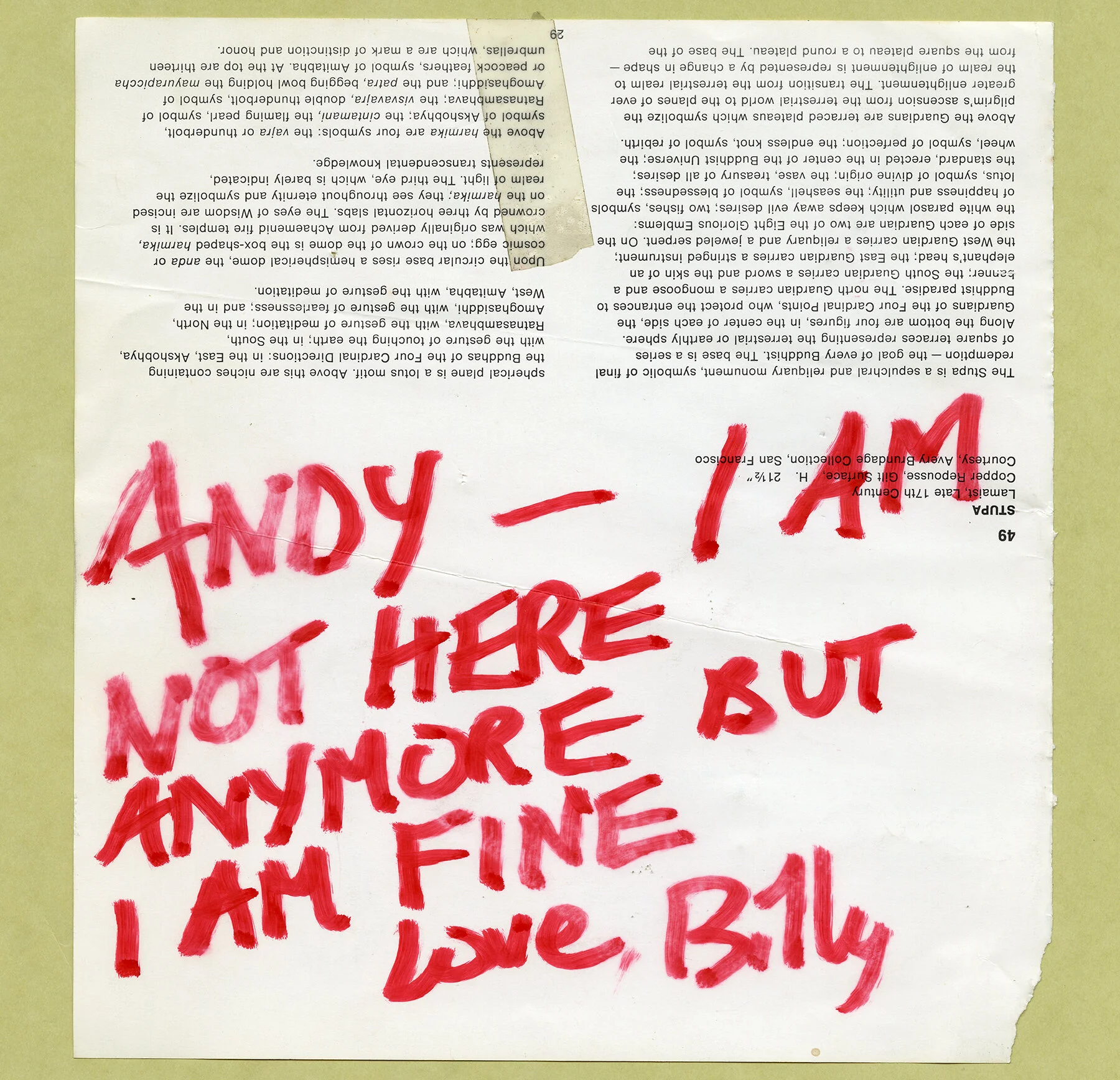 Name’s goodbye note to Warhol when he left The Factory in 1970.