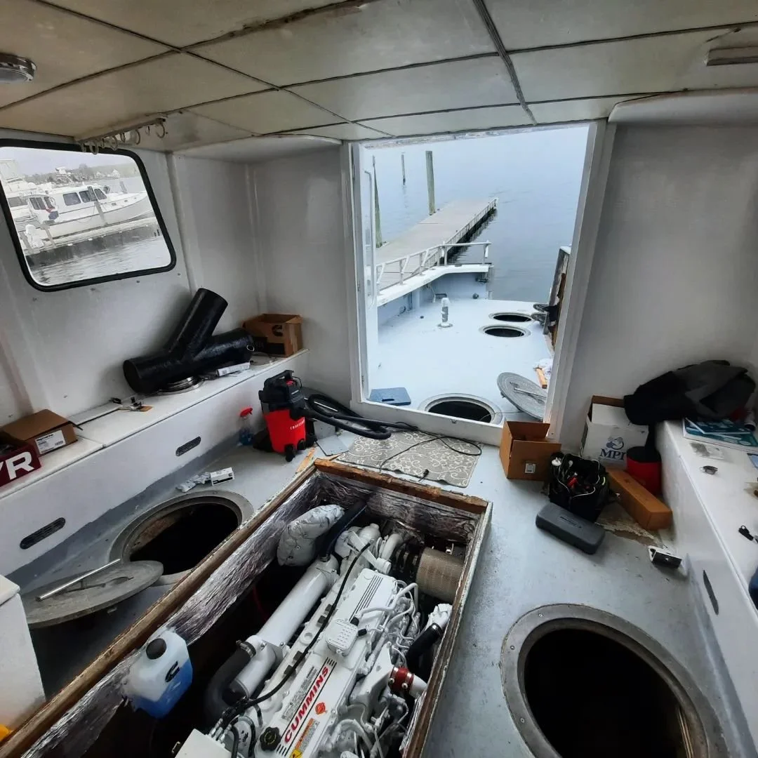 Exciting day to have our #cummins repower finally in the water and up and running. For this old Bruno we upgraded the old bronze shaft tube to a new @rethomasmarinehardware fiberglass tube. We also converted the dry stacked exhaust to a wet exhaust s