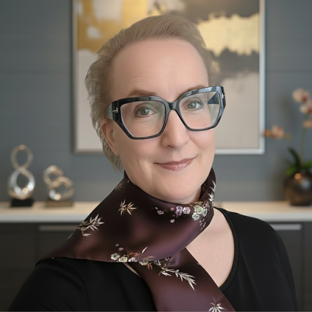 A woman with short hair and glasses smiling, wearing a floral scarf, in a modern interior with decorative objects and a painting in the background.