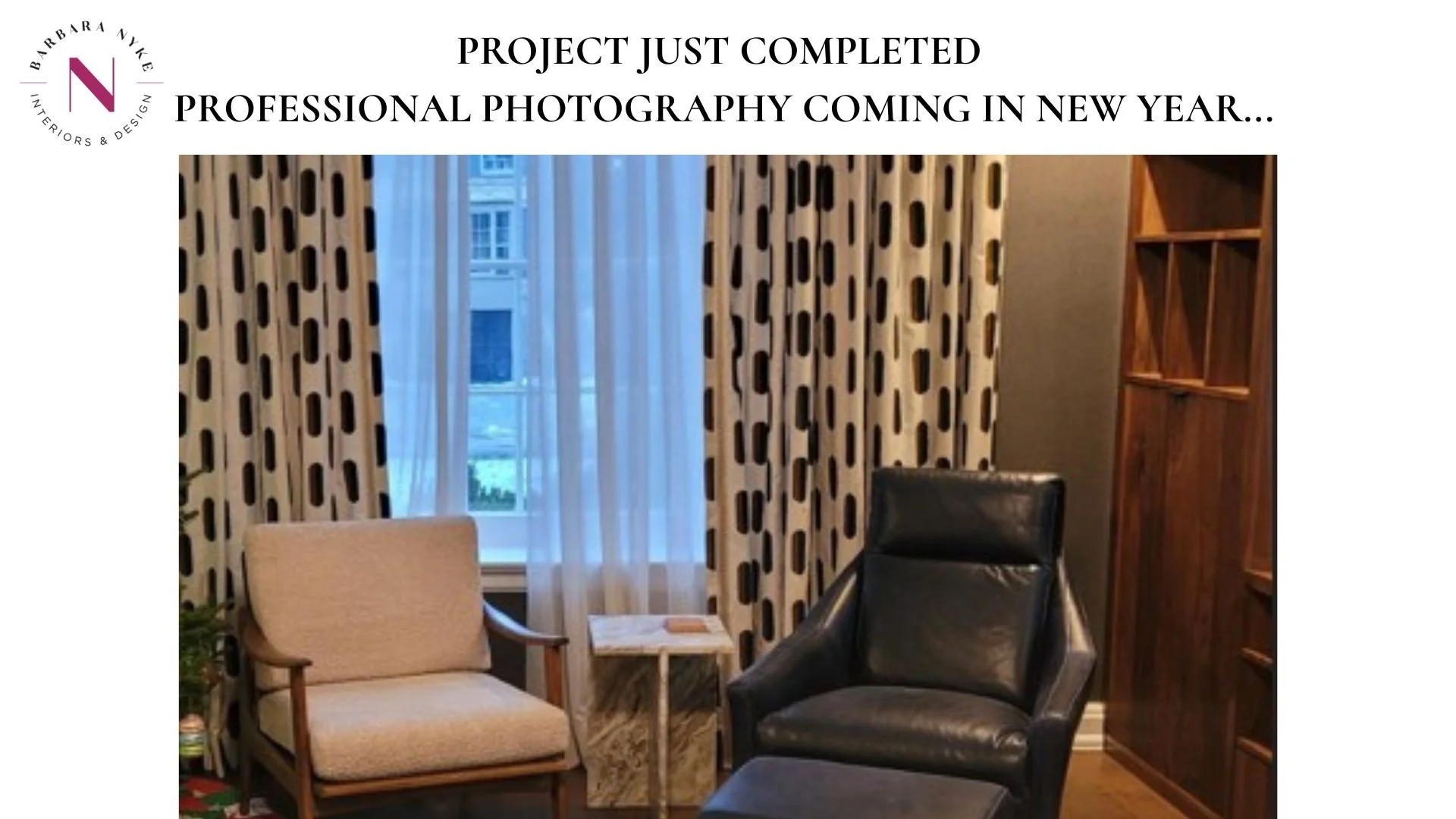 Living room almost completed. This image shows one upholstered armchair, a leather armchair, custom curtains and a custom bookshelf.