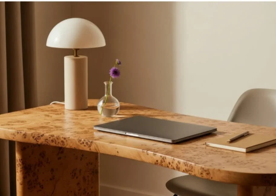 Shows burled wood desk with mod style table lamp