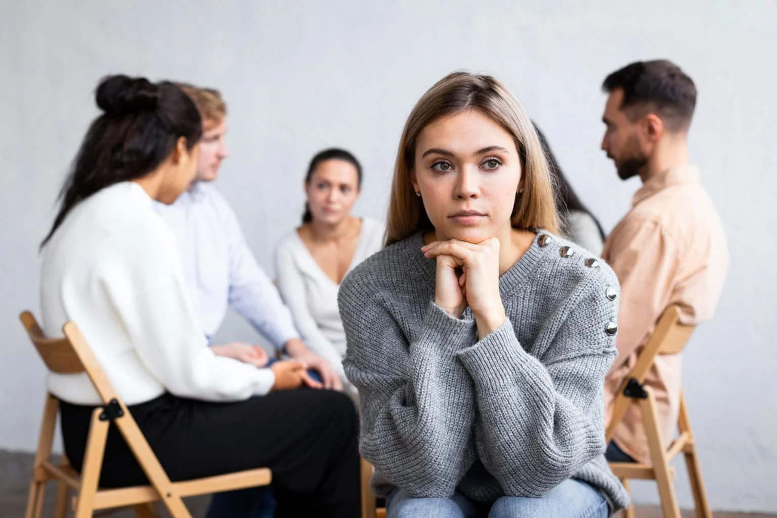 Person experiencing social anxiety before entering a group setting