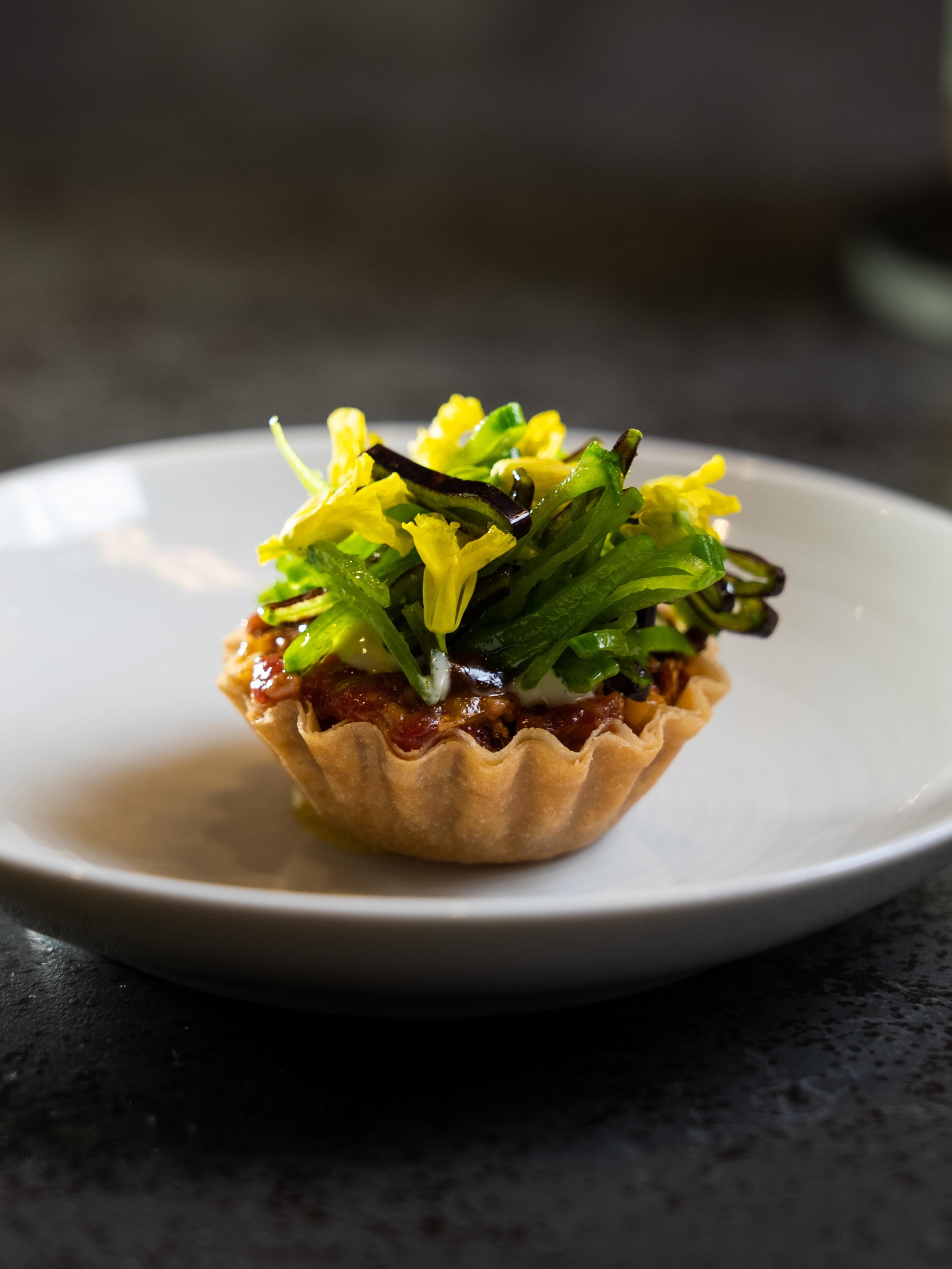 Lamb Tartare | Black Garlic Emulsion | Falafel Dirt | Hot Pot Honey

Paired with Kukicha, a collaborative ferment with Kettl in Brooklyn, built from Japanese stem tea layered with soft grassiness, salinity, and tropical fruit notes drawn out through 