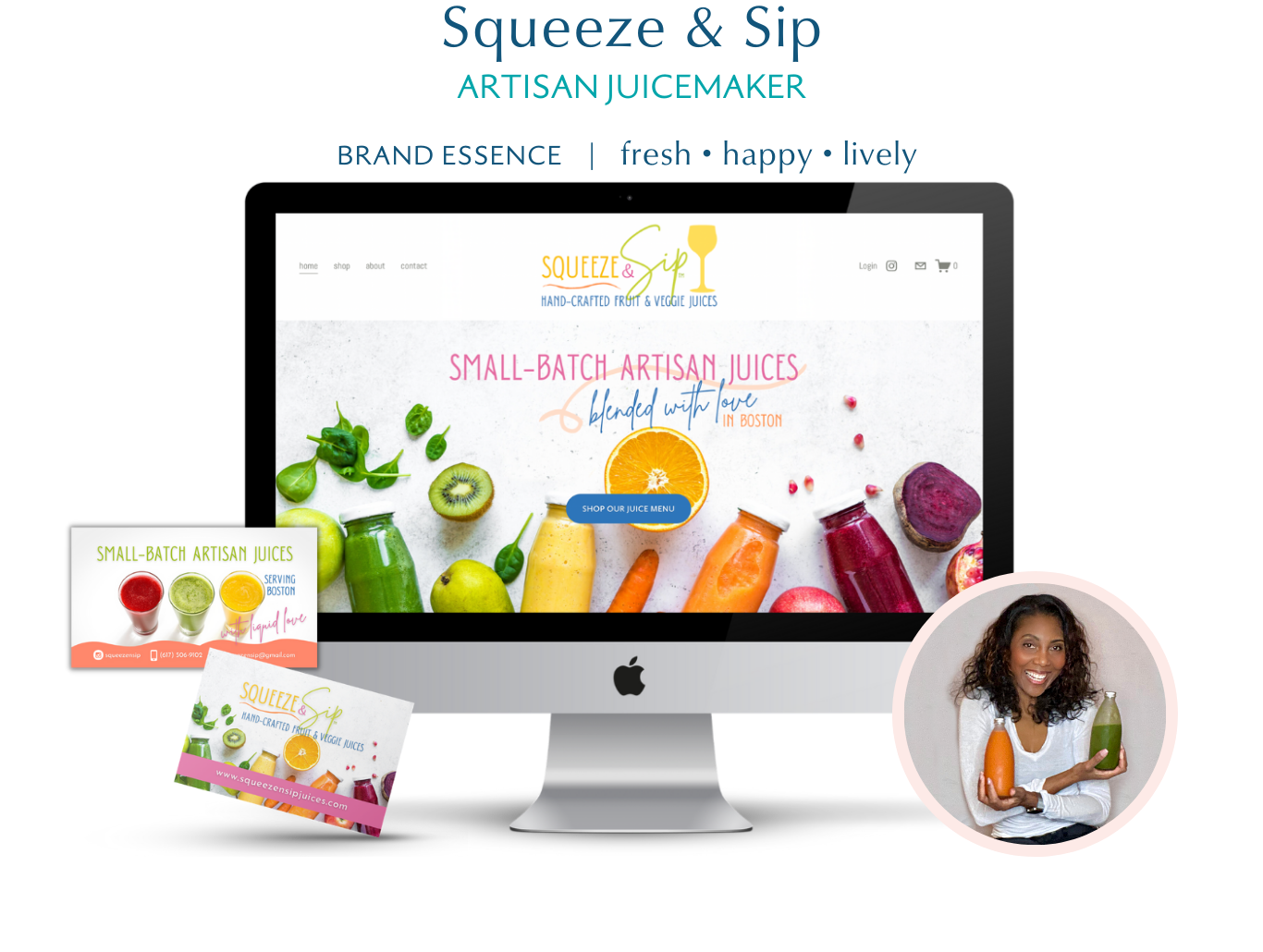 Laptop showing client website on table with notebook, mug, and houseplant