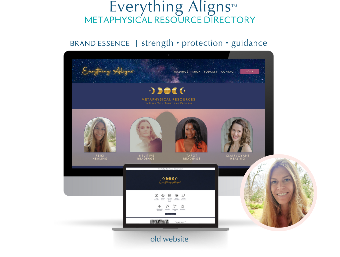 Comparison image showing an old website with a black background and white text labeled 'old website' below a new website with a colorful design, images of women, and metaphysical resources. The new website features a starry background, moon phases, and options for readings like Reiki, intuitive, tarot, and clairvoyant healing.