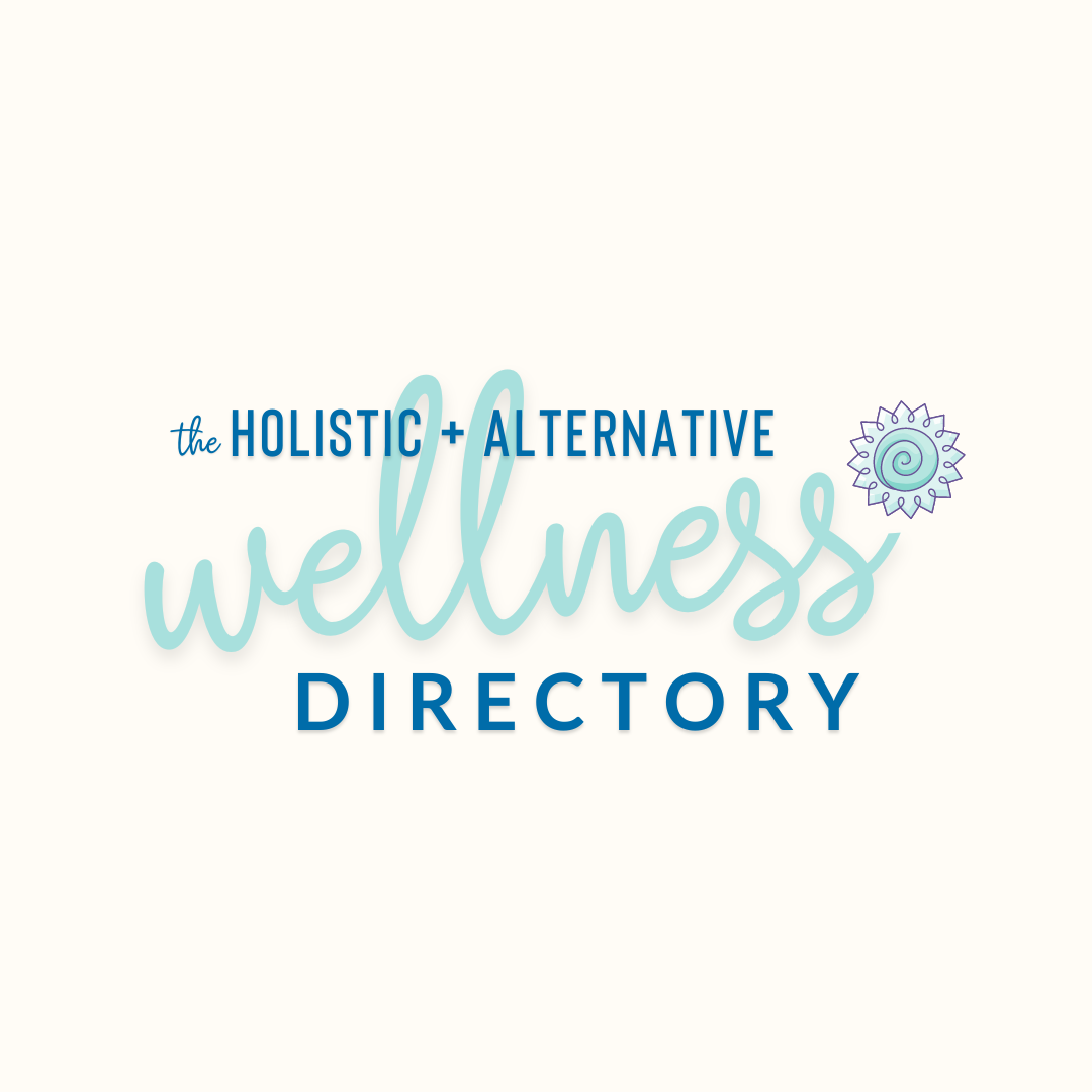 Wellness directory logo with the words 'The Holistic + Alternative Wellness Directory' in blue and light teal font, with a spiral design in a small circle on the upper right side.