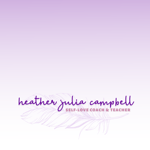 Business card for Heather Julia Campbell, a self-love coach and teacher, with a purple feather design on a light purple background.