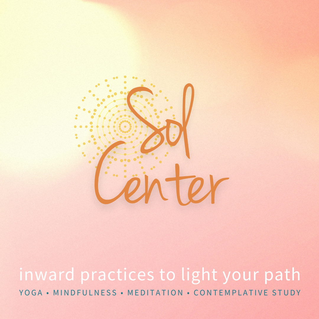 A promotional graphic for Soul Center with a pastel background, a circular dotted design, and text promoting yoga, mindfulness, meditation, and contemplative study.