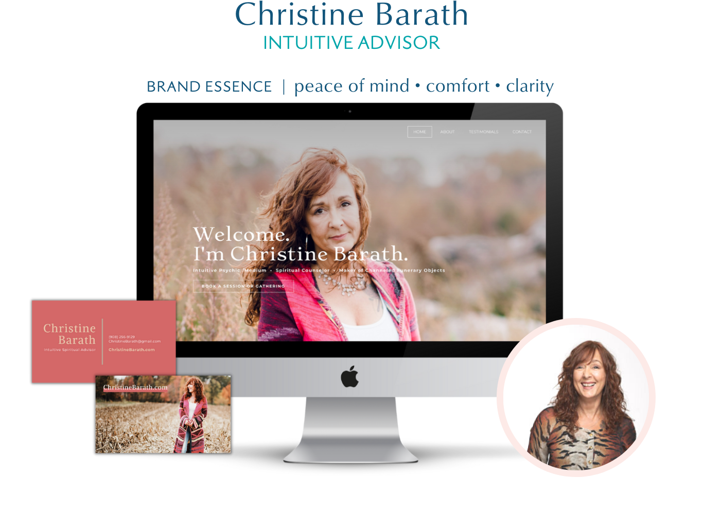 Website for Christine Barath, a psychic medium and spiritual counselor, featuring a photo of her with curly hair, and business cards with contact information, on an Apple iMac computer.