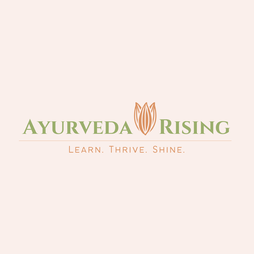Logo for Ayurveda Rising with a stylized lotus flower and the tagline 'Learn. Thrive. Shine.'